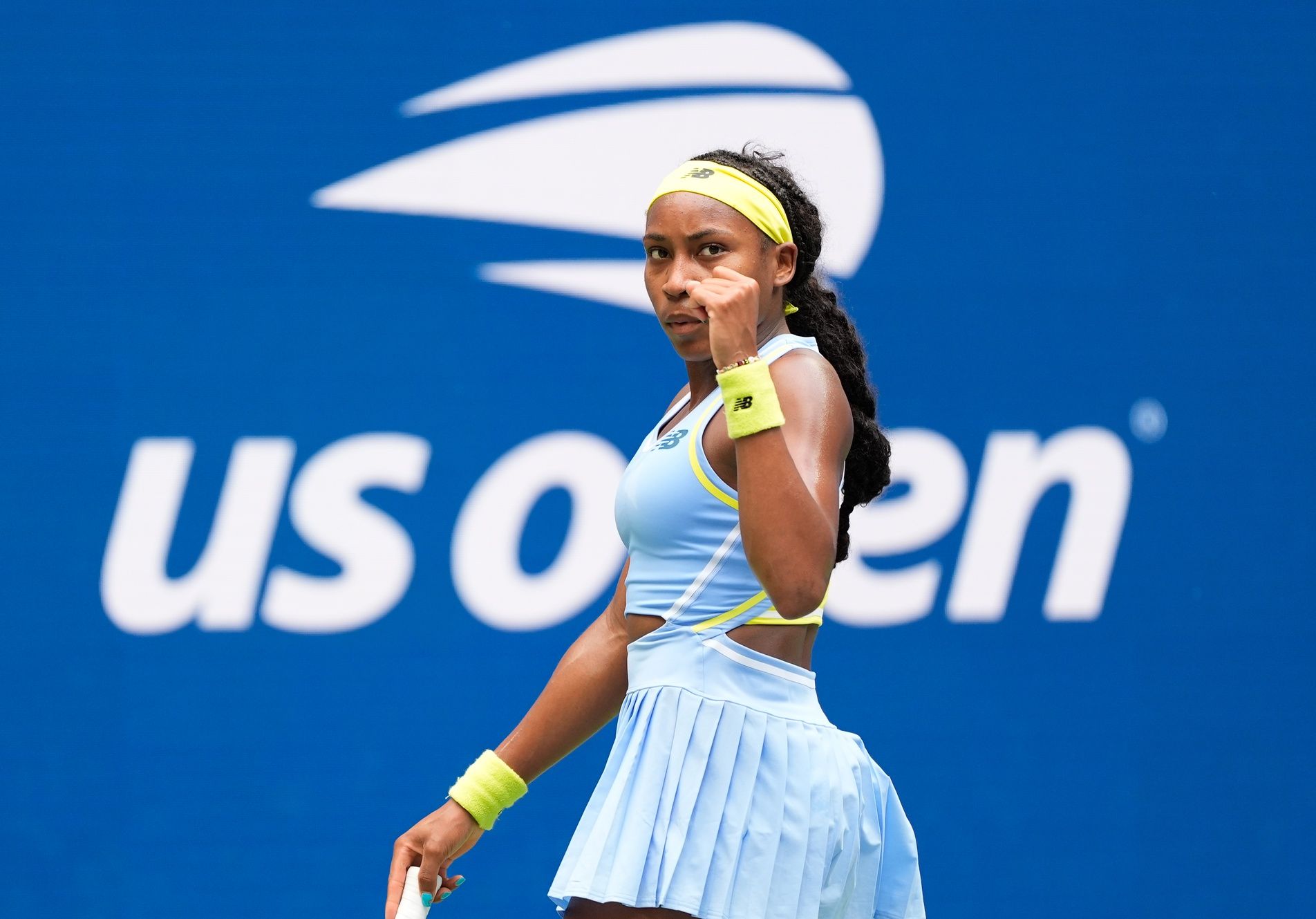 Coco Gauff (USA after a winner to Emma Navarro (USA) on day seven of the 2024 U.S. Open tennis tournament at USTA Billie Jean King National Tennis Center.