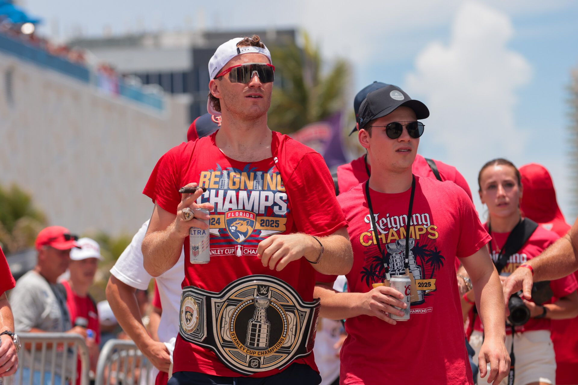 Florida Panthers left wing Matthew Tkachuk (19) celebrates during the Stanley Cup championship parade and rally.
