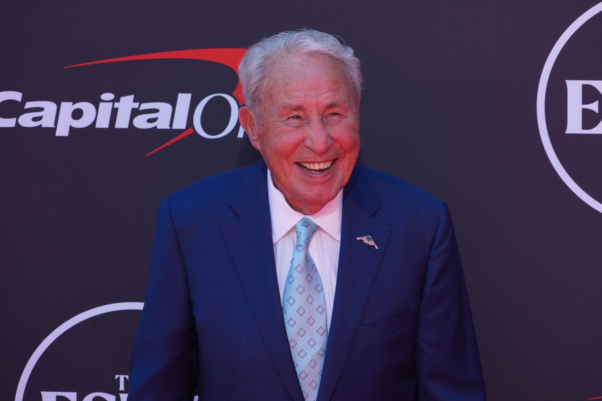 Lee Corso poses on the ESPYs red carpet at the Dolby Theatre.