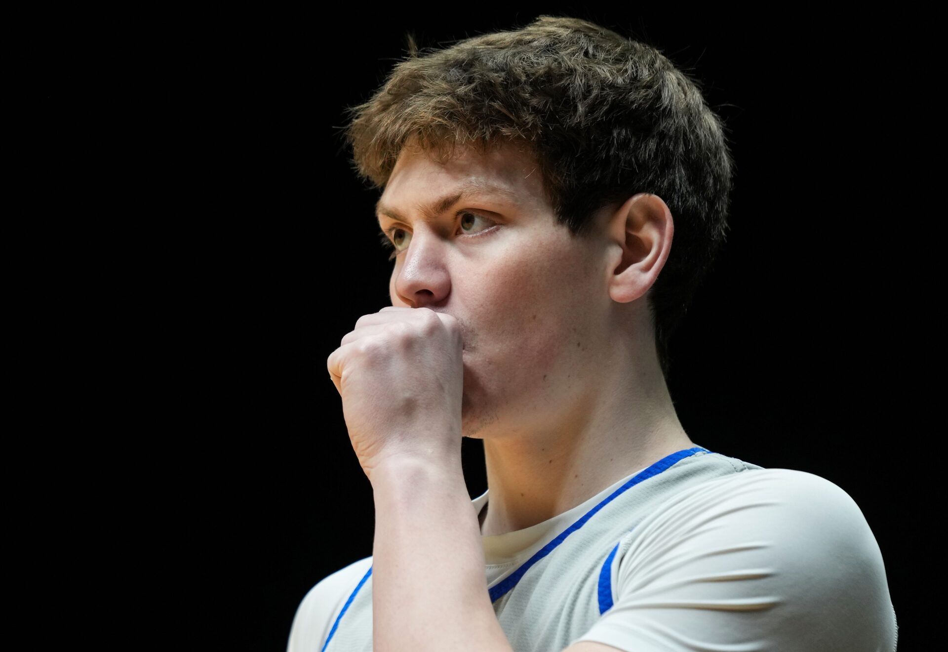 Kentucky Wildcats forward Trent Noah (9) waits for a ball Thursday, March 27, 2025, during practice ahead of the Sweet 16 March Madness tournament game against the Tennessee Volunteers at Lucas Oil Stadium in Indianapolis.