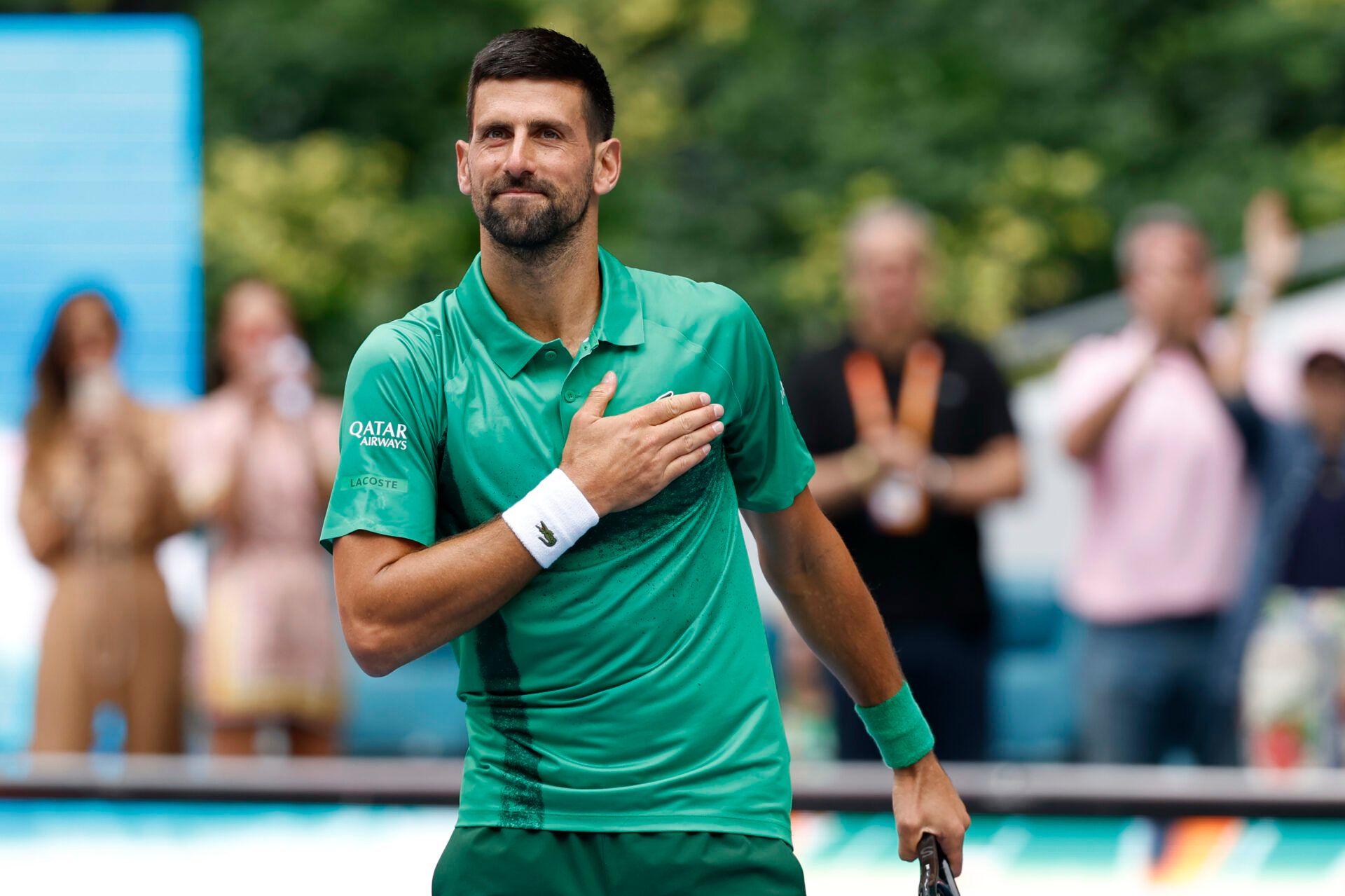 Novak Djokovic (SRB) acknowledges the crowd after his match against Grigor Dmitrov (BUL)(not pictured) in a men's singles semifinal on day eleven of the Miami Open at Hard Rock Stadium.