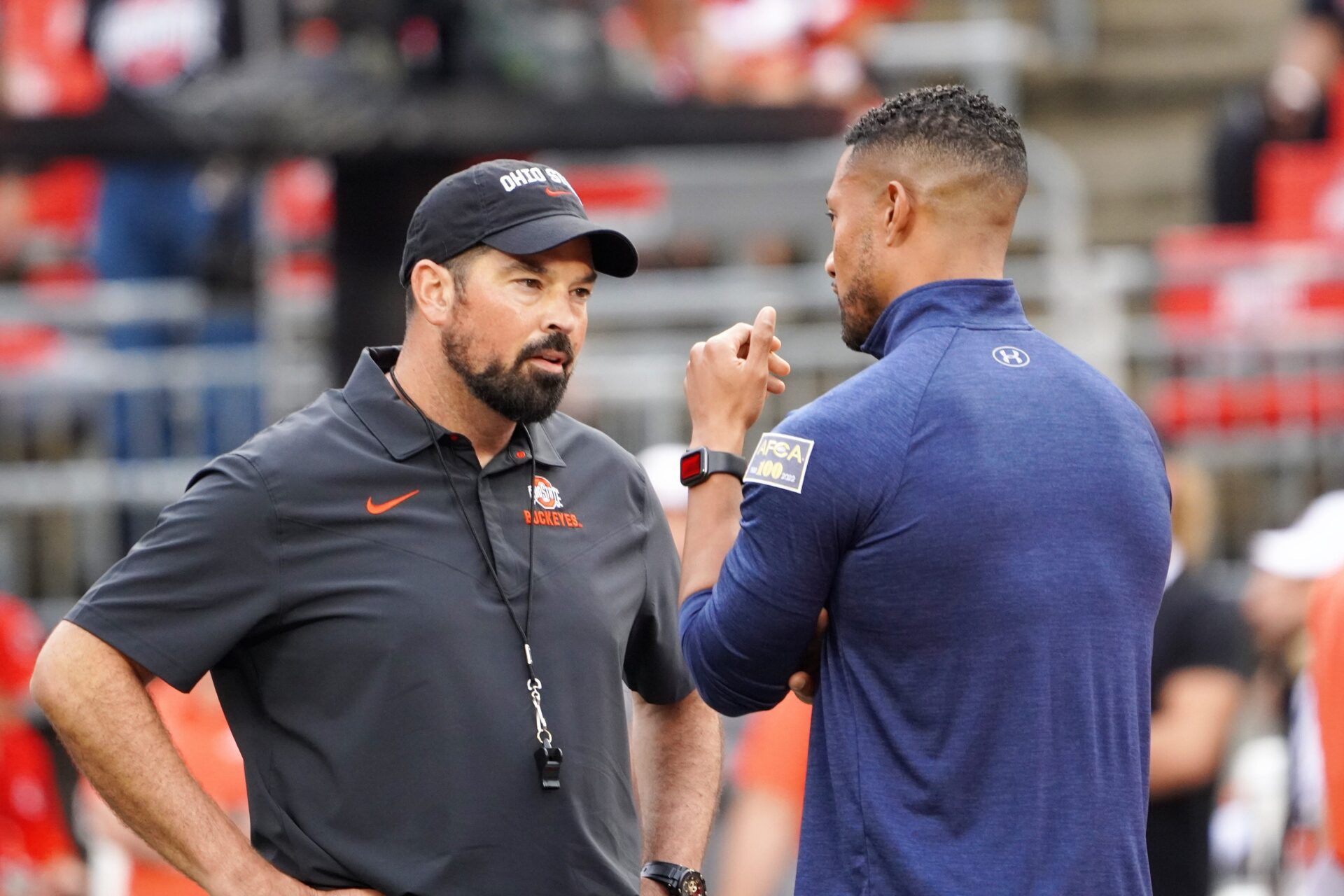 Ohio State coach Ryan Day and Notre Dame coach Marcus Freeman have an extended discussion before their game.

Ohio State-Notre Dame 0903