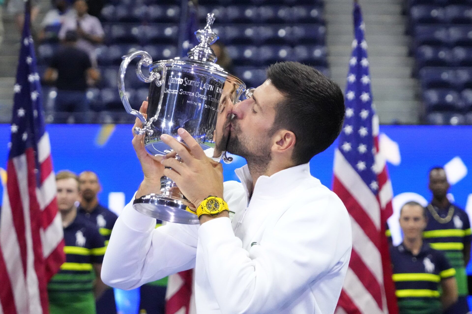 Flushing, NY, USA; Novak Djokovic of Serbia celebrates with the championship trophy after his match against Daniil Medvedev (not pictured) in the men's singles final on day fourteen of the 2023 U.S. Open tennis tournament at USTA Billie Jean King National Tennis Center.
