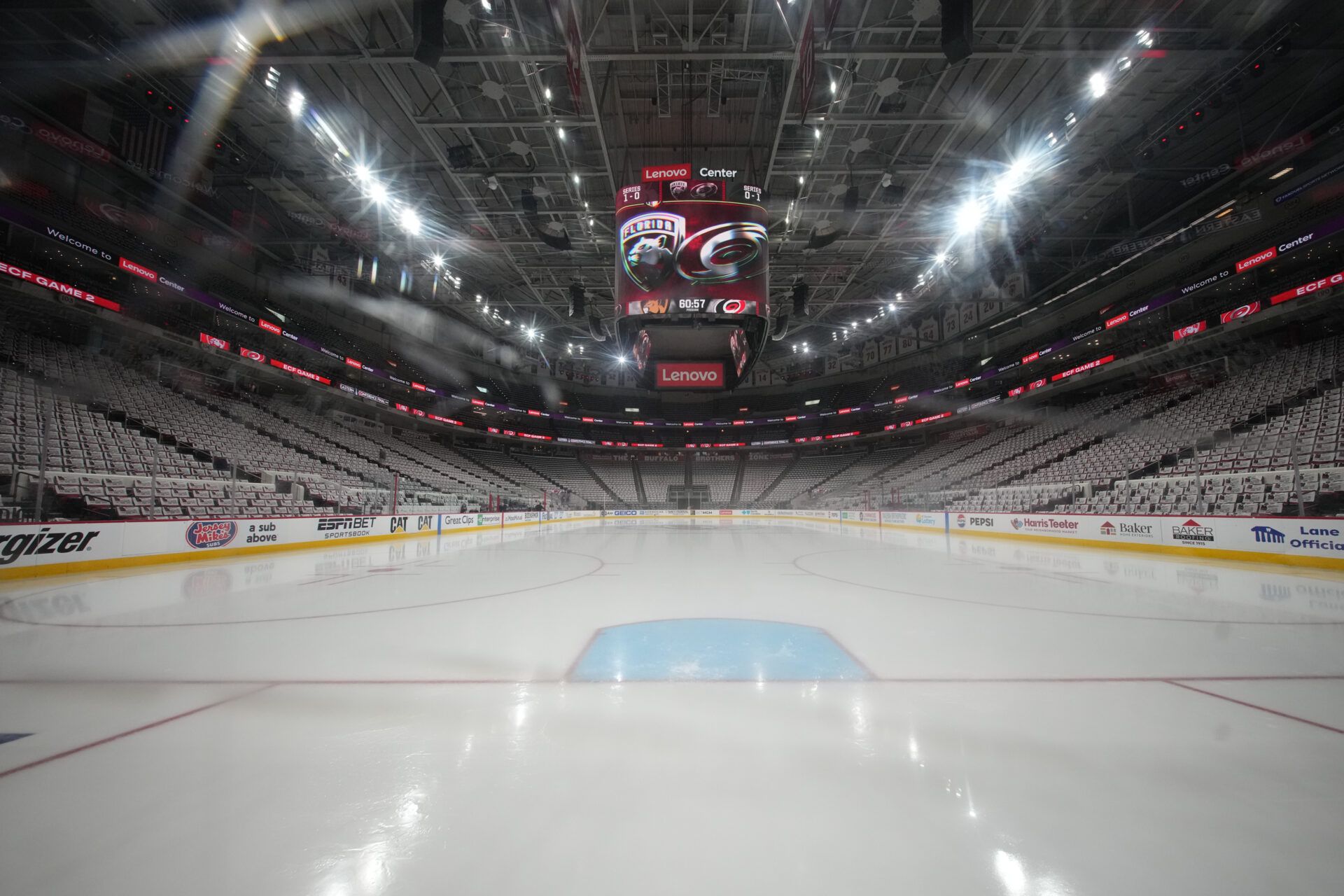 Overview of the stadium prior to the game between Carolina Hurricanes and Florida Panthers in game two of the Eastern Conference Final of the 2025 Stanley Cup Playoffs at Lenovo Center.