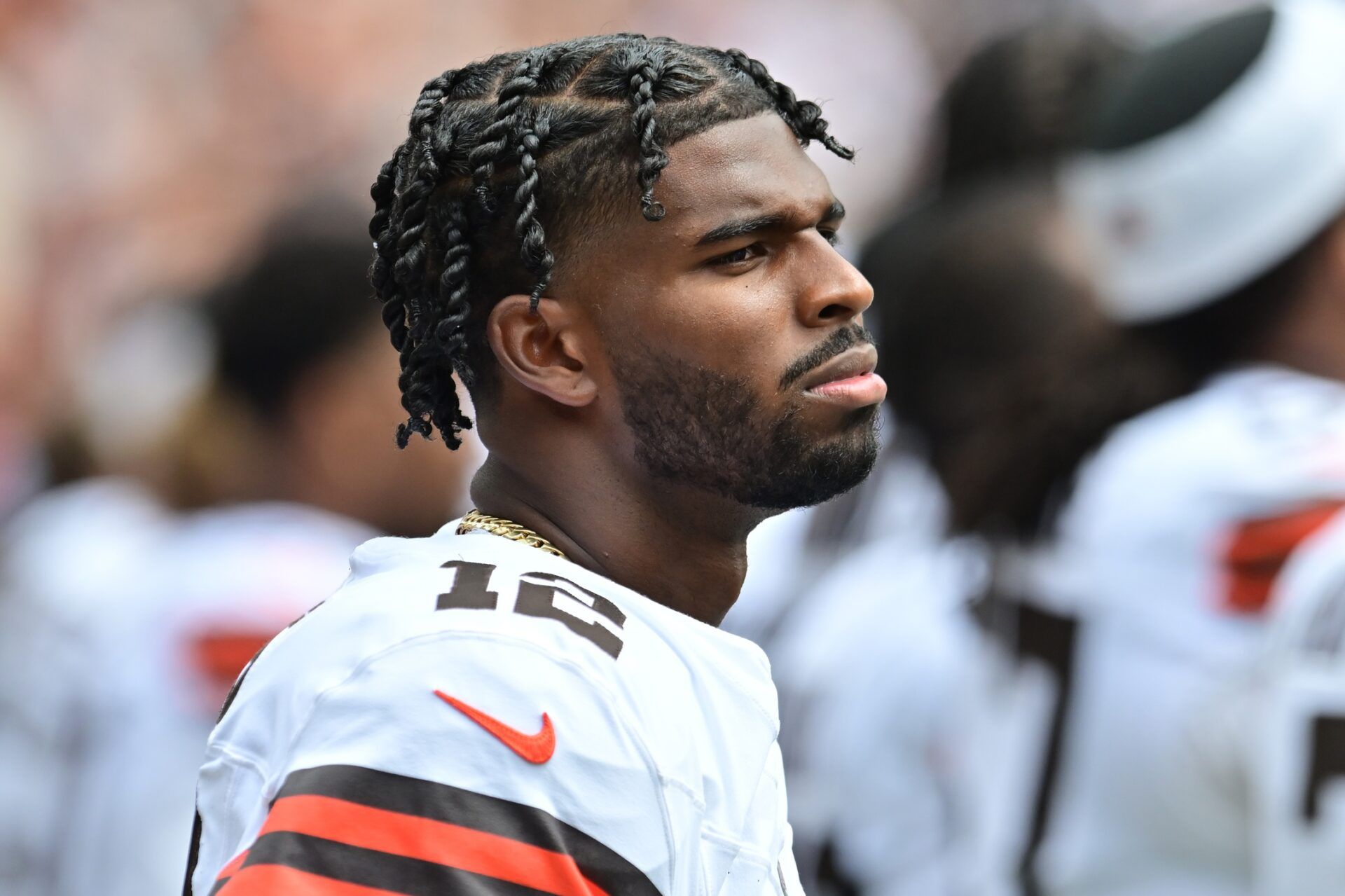 Cleveland Browns quarterback Shedeur Sanders (12) listens to the national anthem before the game between the Browns and the Los Angeles Rams at Huntington Bank Field.