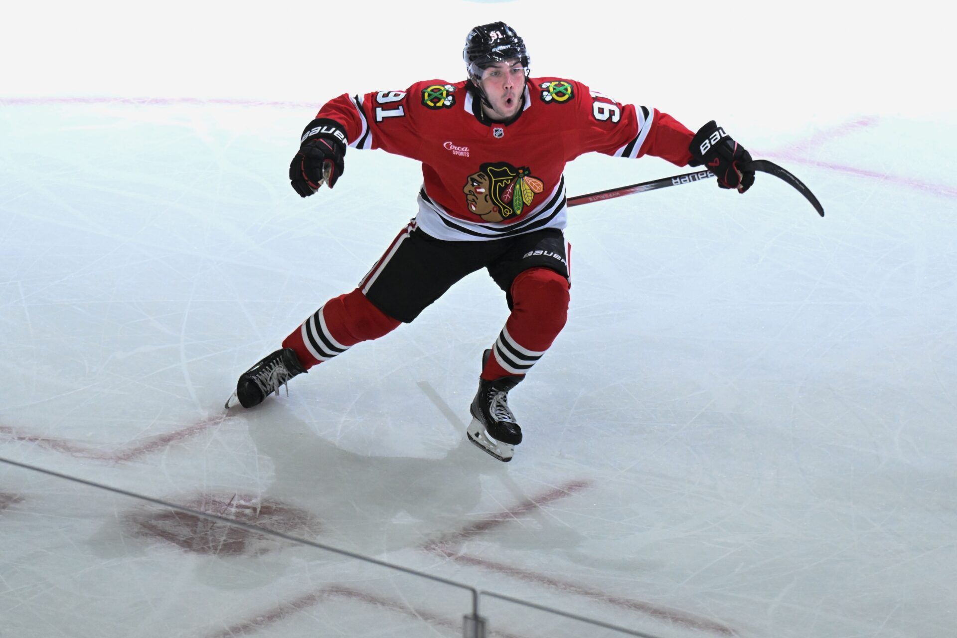Chicago Blackhawks center Frank Nazar (91) celebrates after scoring a goal against the Winnipeg Jets during the third period at United Center.