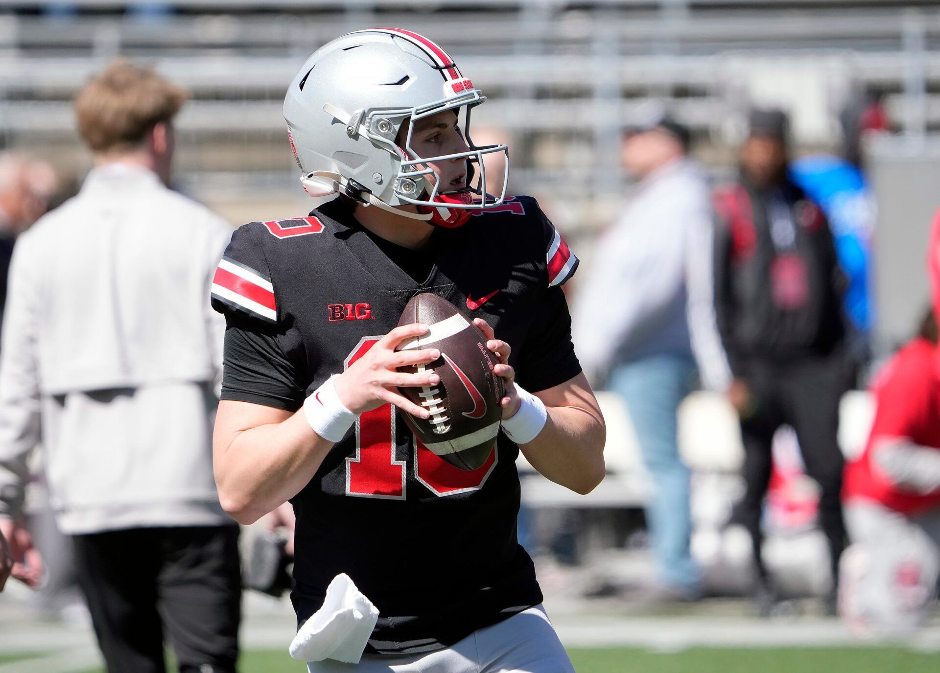 Ohio State Buckeye quarterback Julian Sayin (10) warms up before the start of the spring game at Ohio Stadium on April 12, 2025.