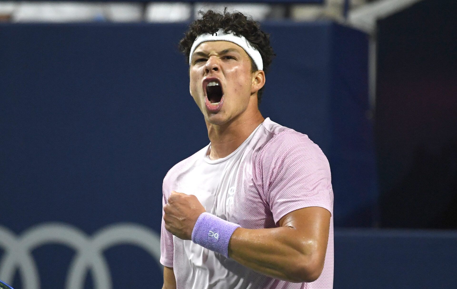 Ben Shelton (USA) reacts after winning a game against Karen Khachanov during the singles final at Sobeys Stadium.