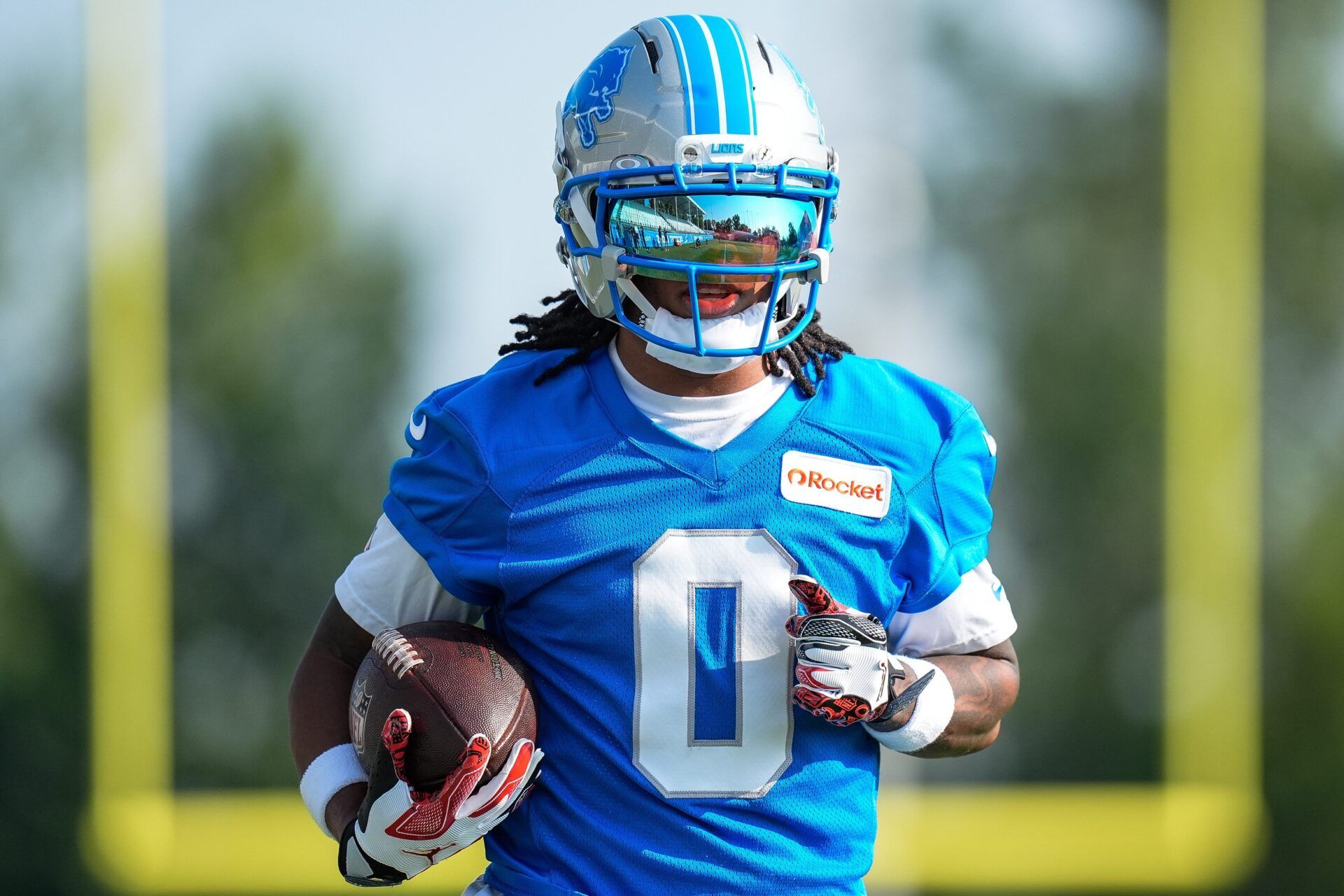 Detroit Lions running back Jahmyr Gibbs (0) makes ac catch at practice during training camp at Meijer Performance Center in Allen Park on Monday, July 21, 2025.