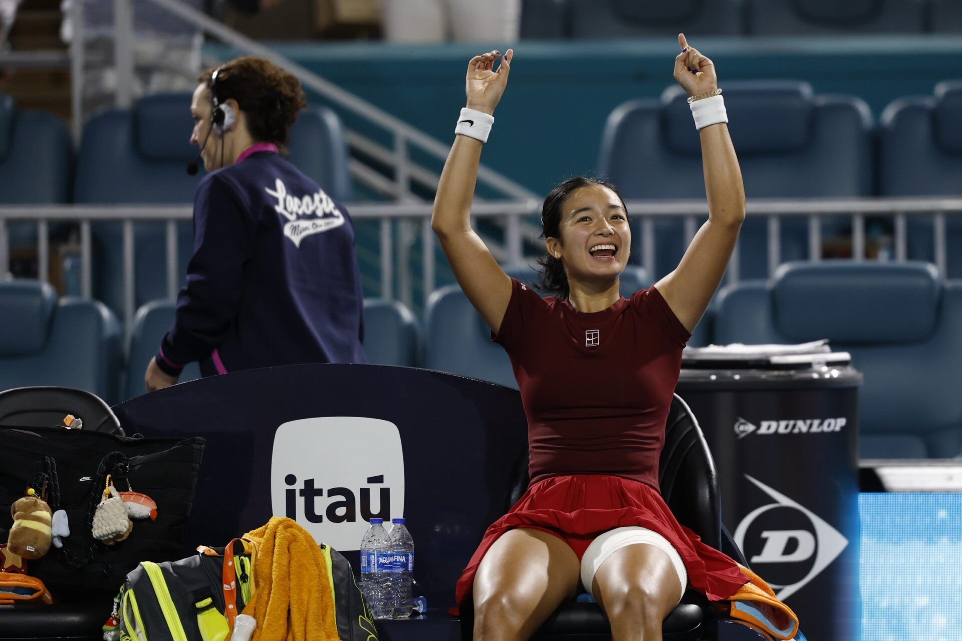 Miami, FL, USA; Alexandra Eala (PHL) waves to fans from her player's chair after her match against Jessica Pegula (USA)(not pictured) in a women's singles semifinal on day ten of the Miami Open at Hard Rock Stadium.