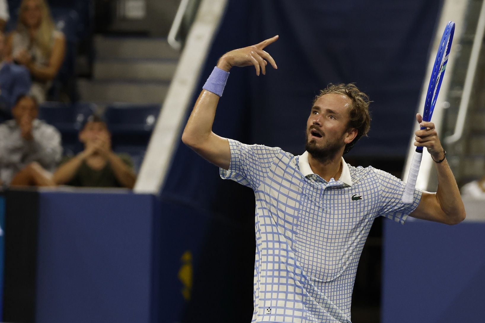 Daniil Medvedev gestures after winning a point against Benjamin Bonzi (FRA)(not pictured) on day one of the 2025 US Open at USTA Billie Jean King National Tennis Center.