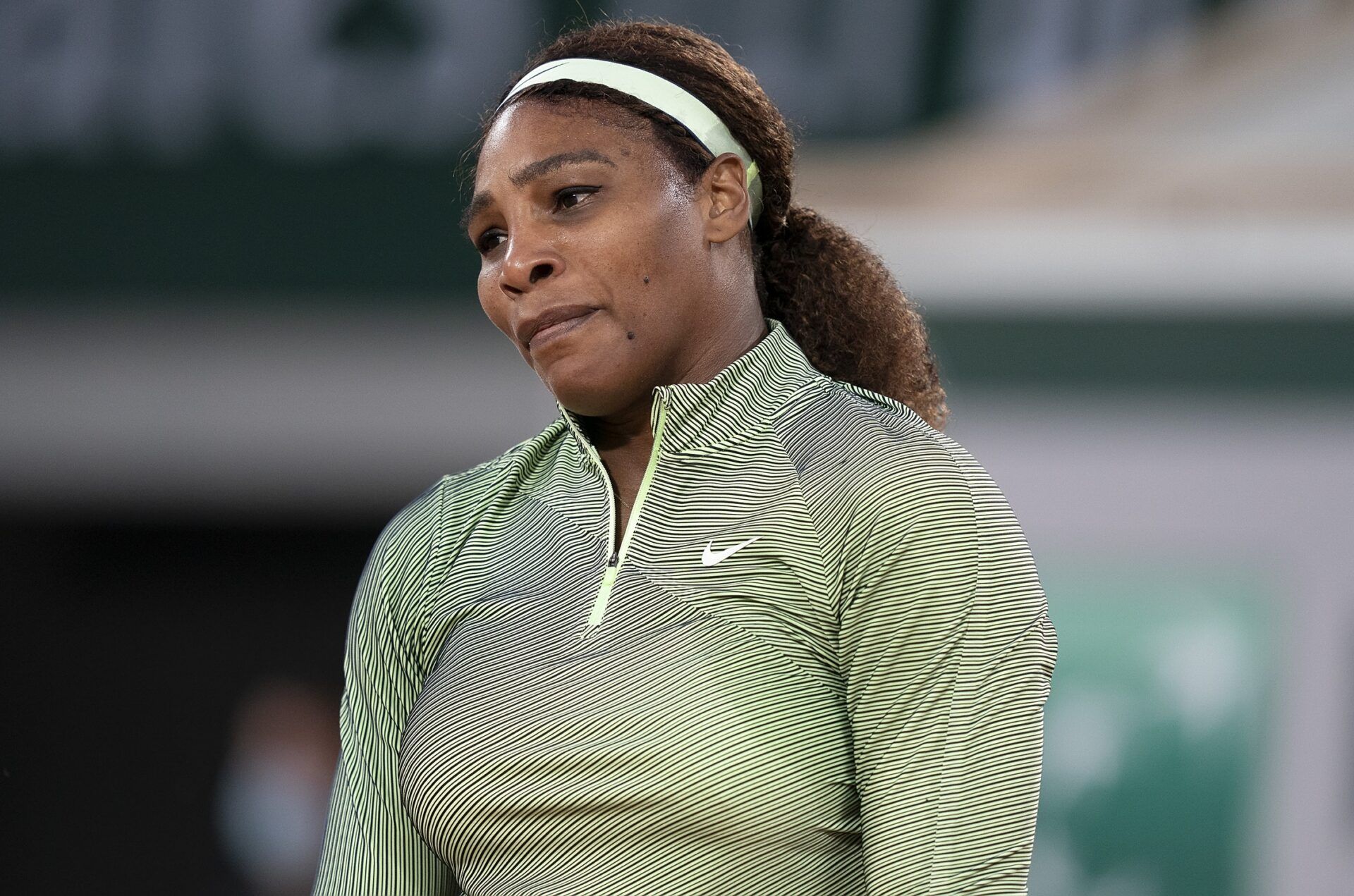 Serena Williams (USA) reacts during her match against Irina-Camelia Begu (ROU) on day two at Roland Garros Stadium.