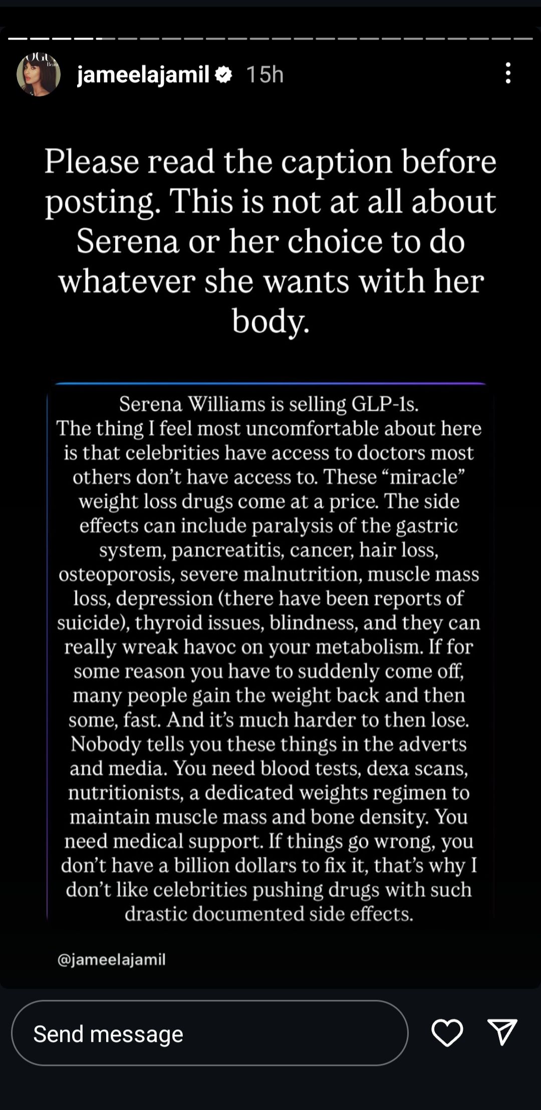 Screen grab of Jameela Jamil's Instagram story about Serena Williams using weight loss drugs