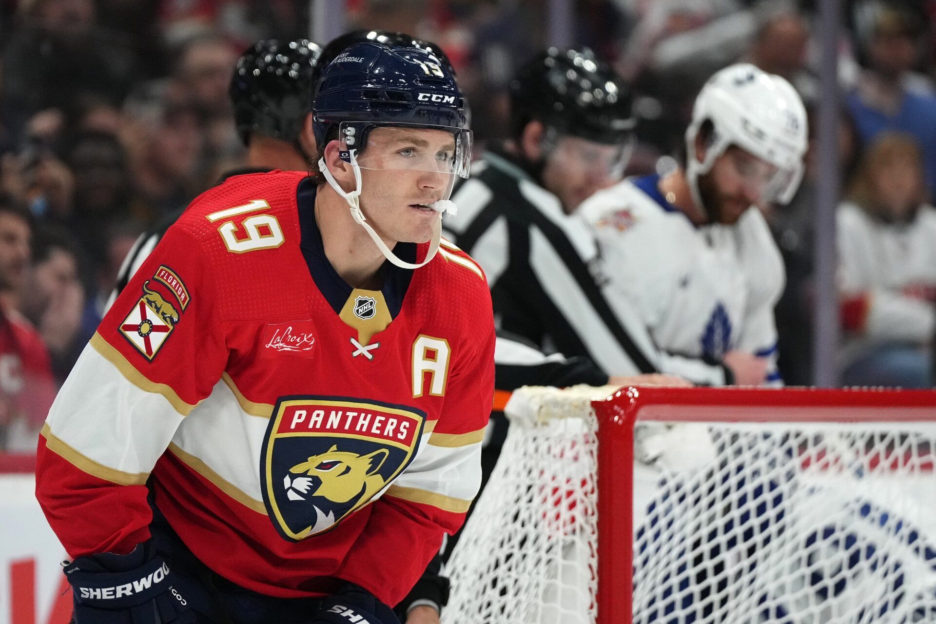 Florida Panthers left wing Matthew Tkachuk (19) skates on the ice against the Toronto Maple Leafs during the first period at Amerant Bank Arena.