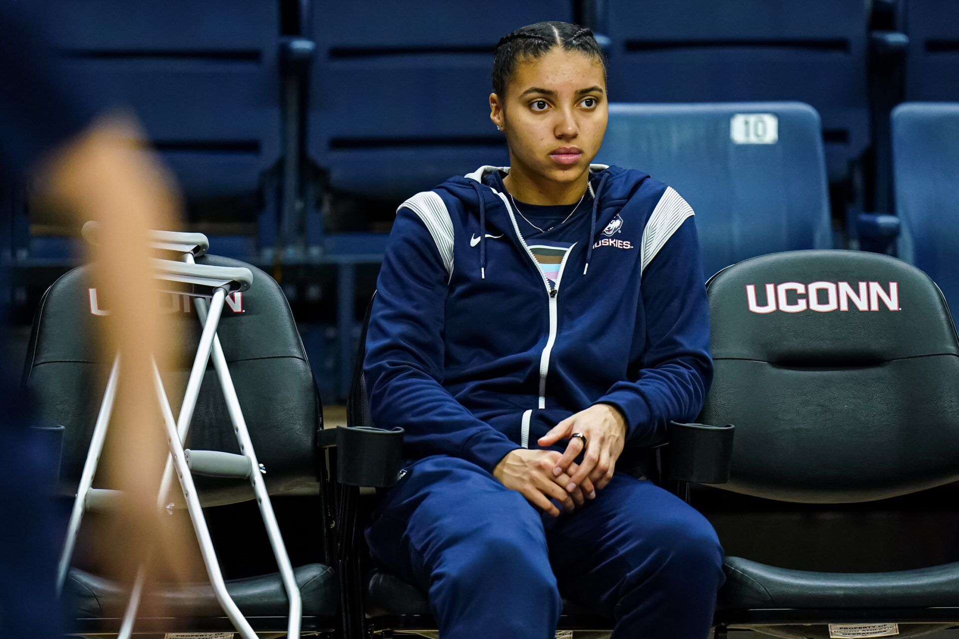 UConn Huskies guard Azzi Fudd (35) watches as her teammates warm up before the start of the game against the Butler Bulldogs at Harry A. Gampel Pavilion.