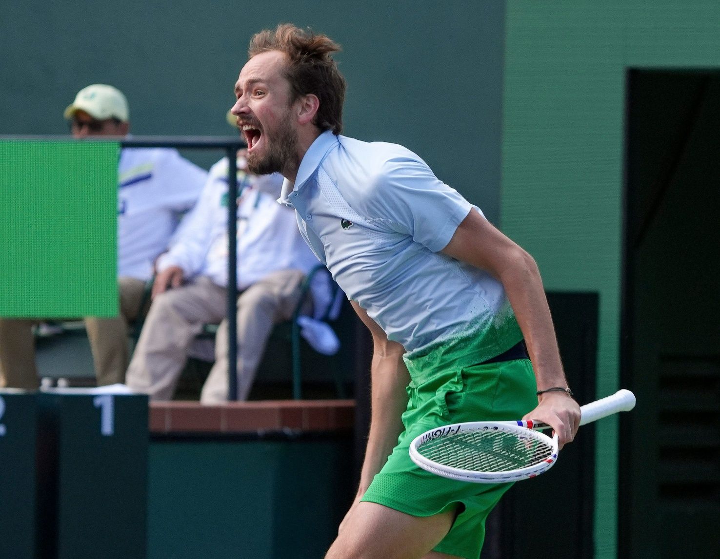 Daniil Medvedev celebrates a tiebreak win over Arthur Fils in the men’s quarterfinals at the BNP Paribas Open in Indian Wells, Calif., March 13, 2025.