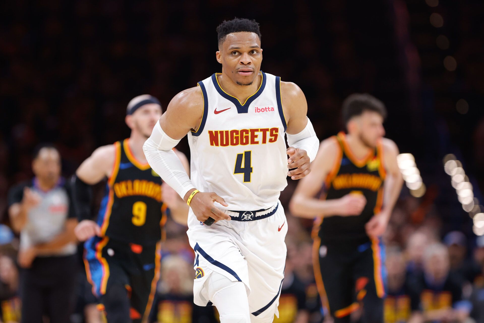 Denver Nuggets guard Russell Westbrook (4) runs down the court after a play against the Oklahoma City Thunder during the second half during game one of the second round for the 2025 NBA Playoffs at Paycom Center.