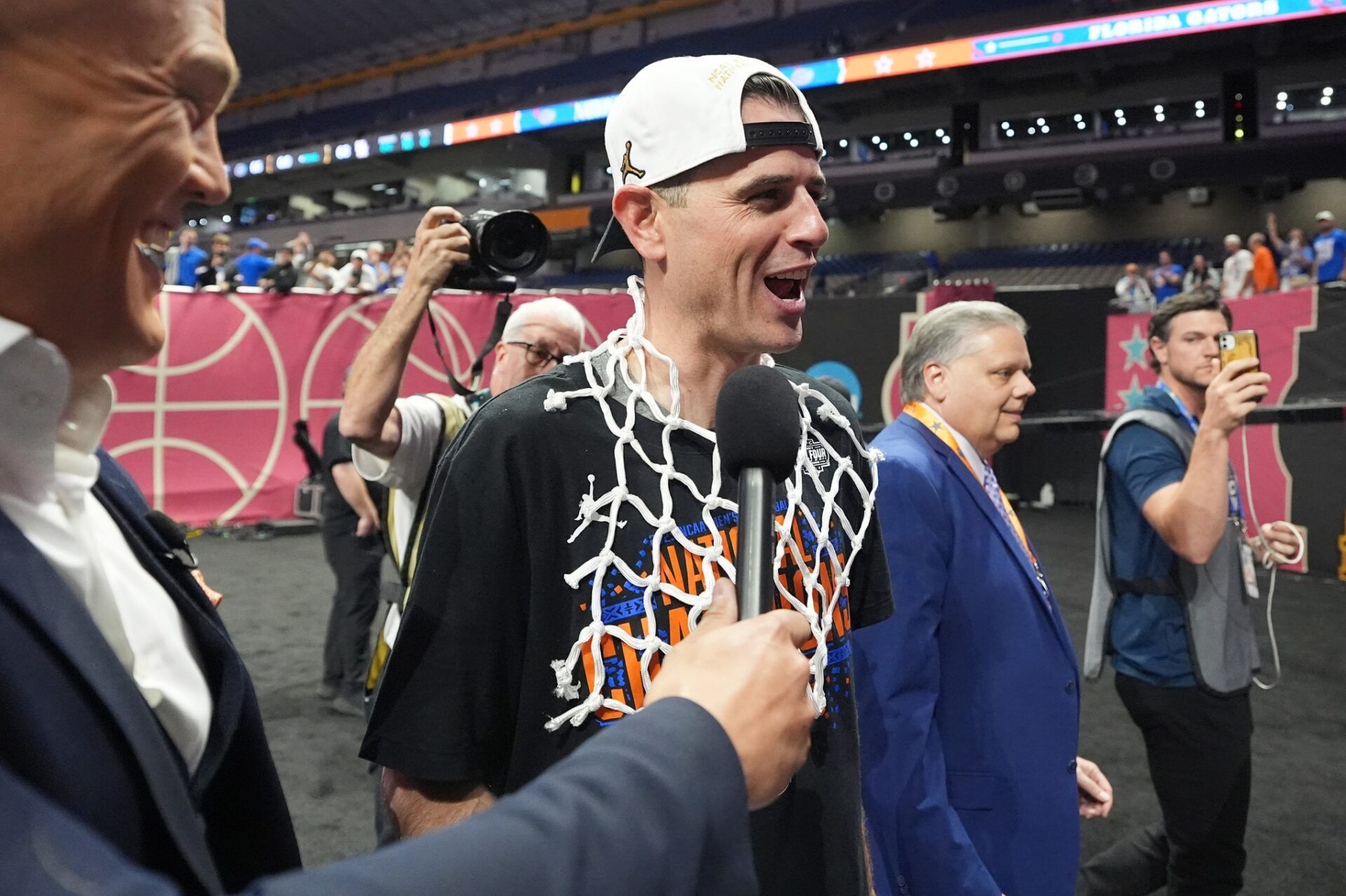 Florida Gators head coach Todd Golden is interviewed after winning the national championship game of the Final Four of the 2025 NCAA Tournament at the Alamodome.