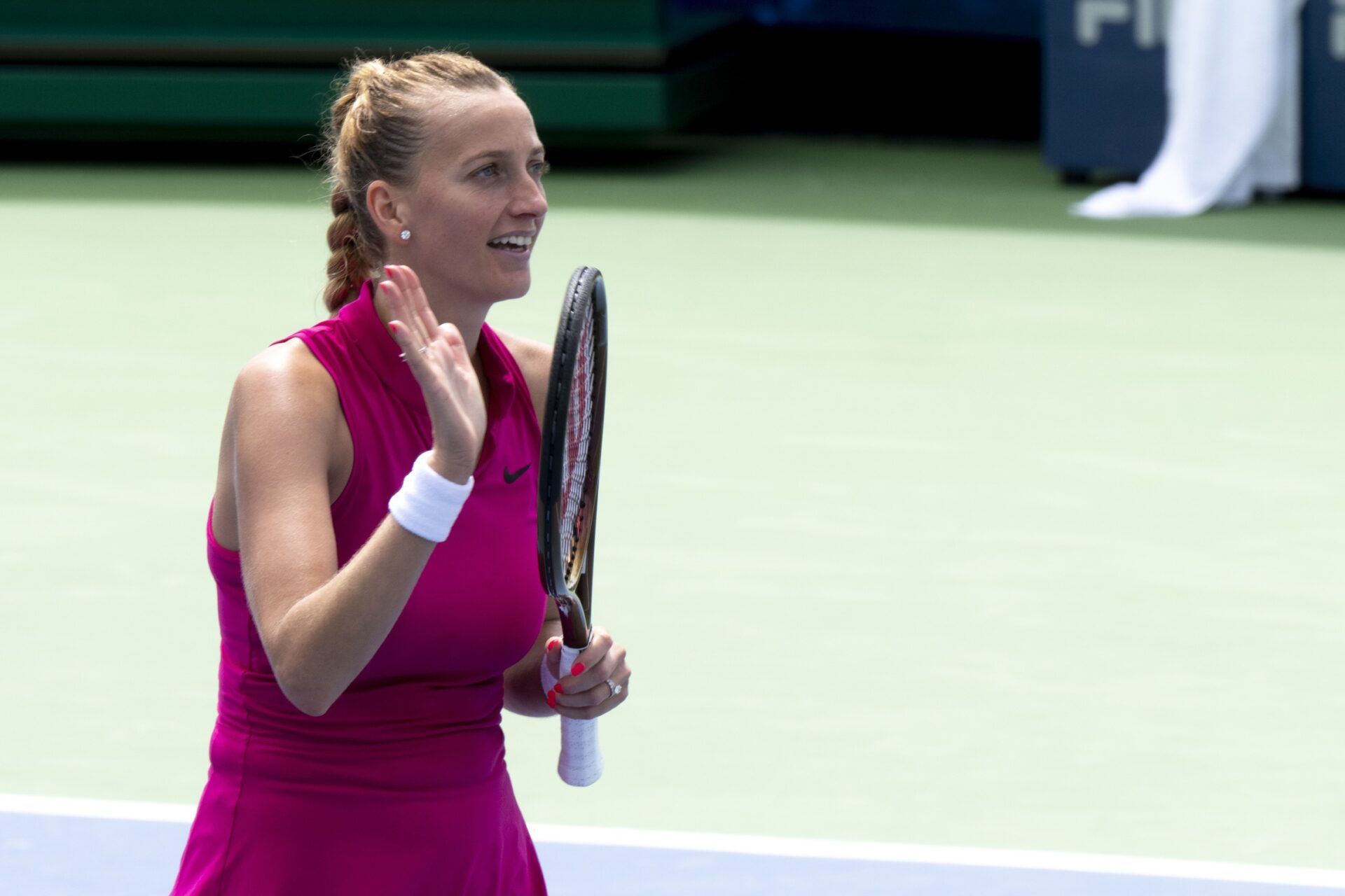 Petra Kvitova, of the Czech Republic, waives to the crowd of defeating Anna Blinkova, of Russia, during the Western & Southern Open at Lindner Family Tennis Center.