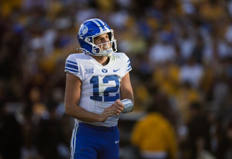 Brigham Young Cougars quarterback Jake Retzlaff (12) against the Arizona State Sun Devils at Mountain America Stadium.