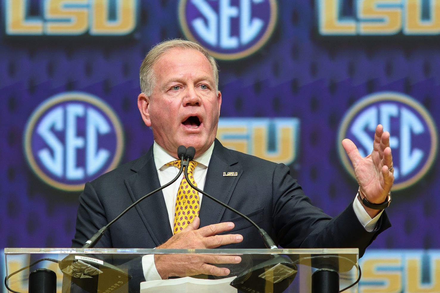 LSU Tigers head coach Brian Kelly talks to the media during SEC Media Day at Omni Atlanta Hotel.
