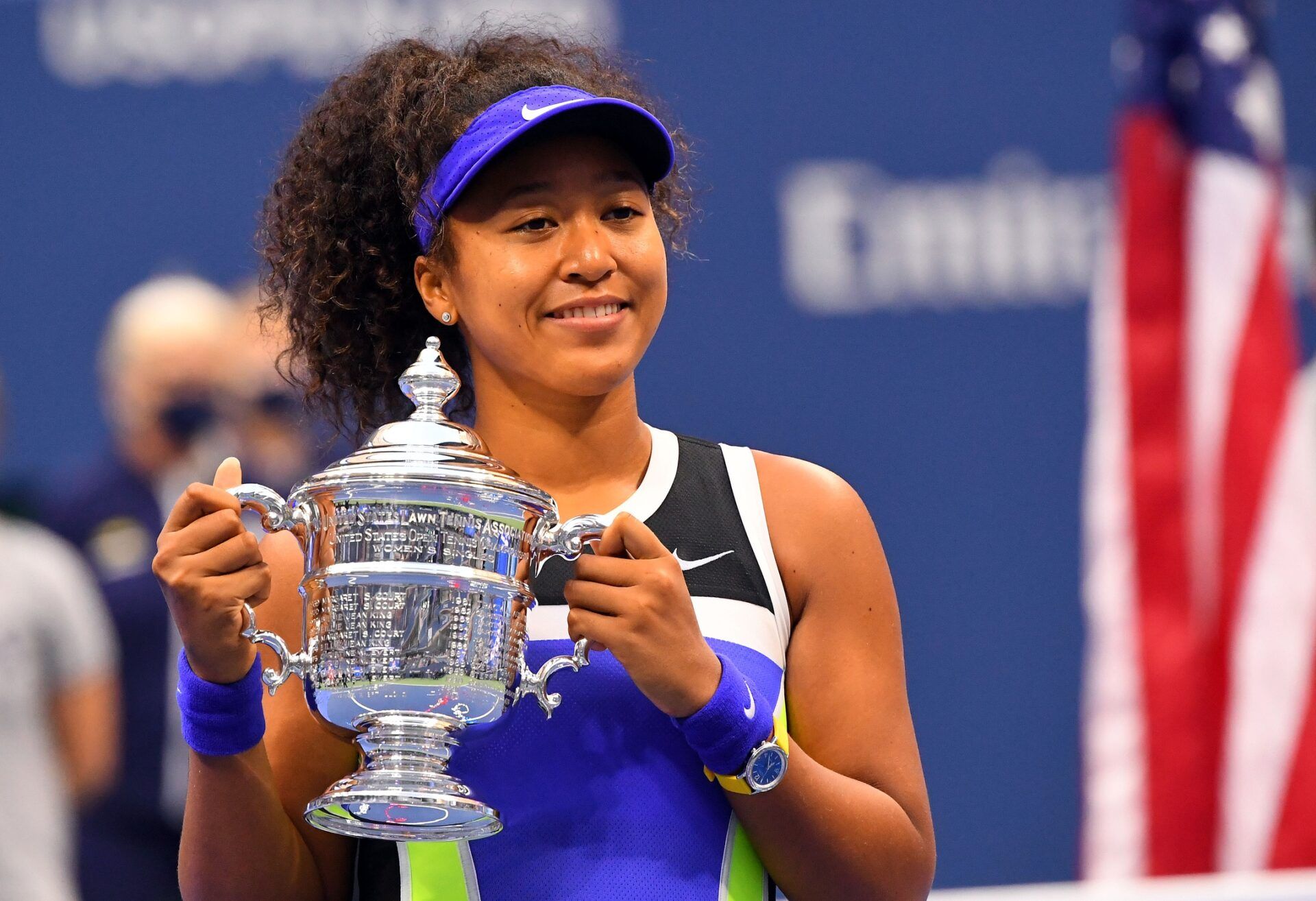Flushing Meadows, New York, USA; Naomi Osaka of Japan celebrates winning against Victoria Azarenka of Belarus in the women's singles final match on day 13 of the 2020 U.S. Open tennis tournament at USTA Billie Jean King National Tennis Center.