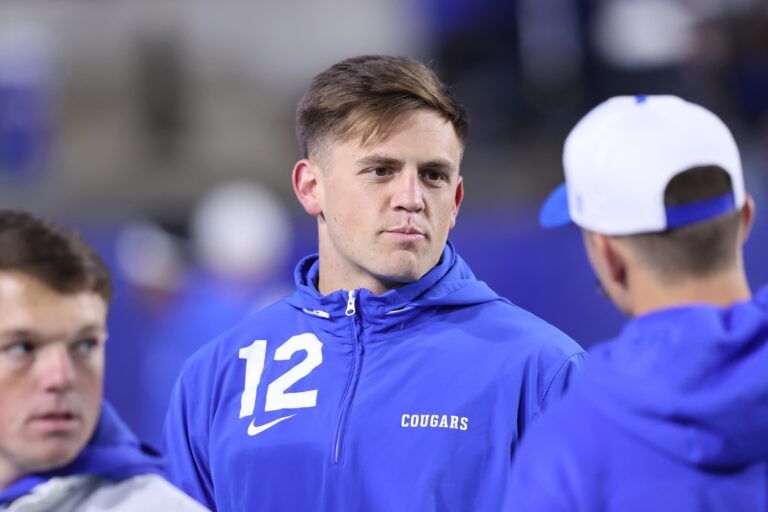 Brigham Young Cougars quarterback Jake Retzlaff (12) before the game against the Oklahoma State Cowboys at LaVell Edwards Stadium.