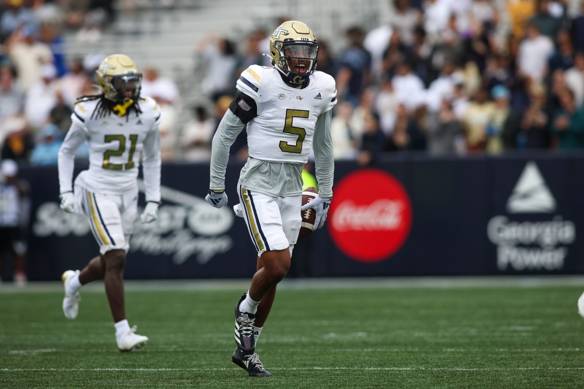 Georgia Tech Yellow Jackets defensive back Clayton Powell-Lee (5) celebrates after a fumble recovery against the Virginia Military Institute Keydets in the first quarter at Bobby Dodd Stadium at Hyundai Field.