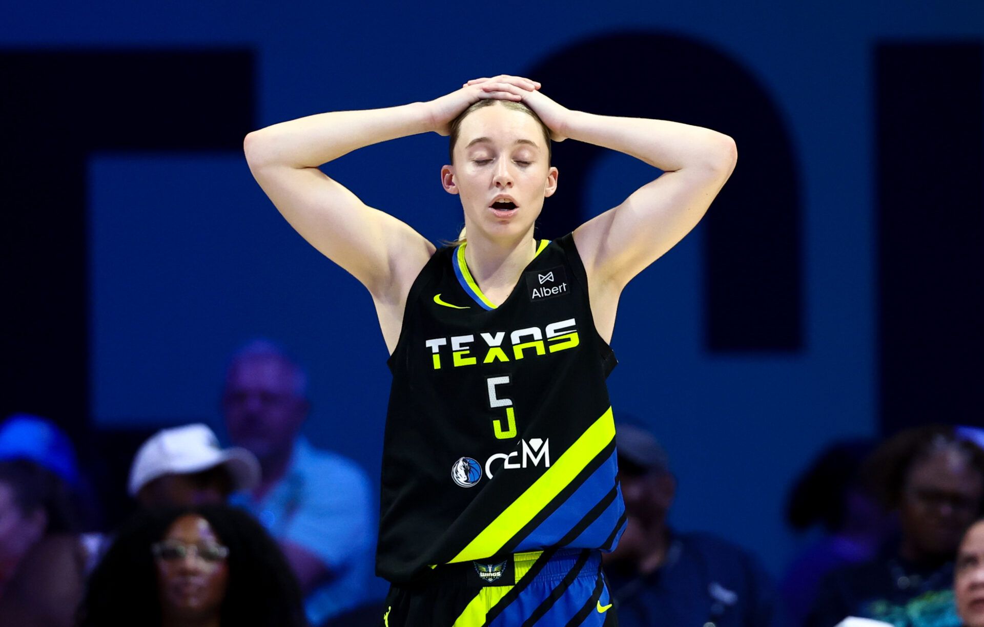 Dallas Wings guard Paige Bueckers (5) reacts during the second half against the Golden State Valkyries at College Park Center.