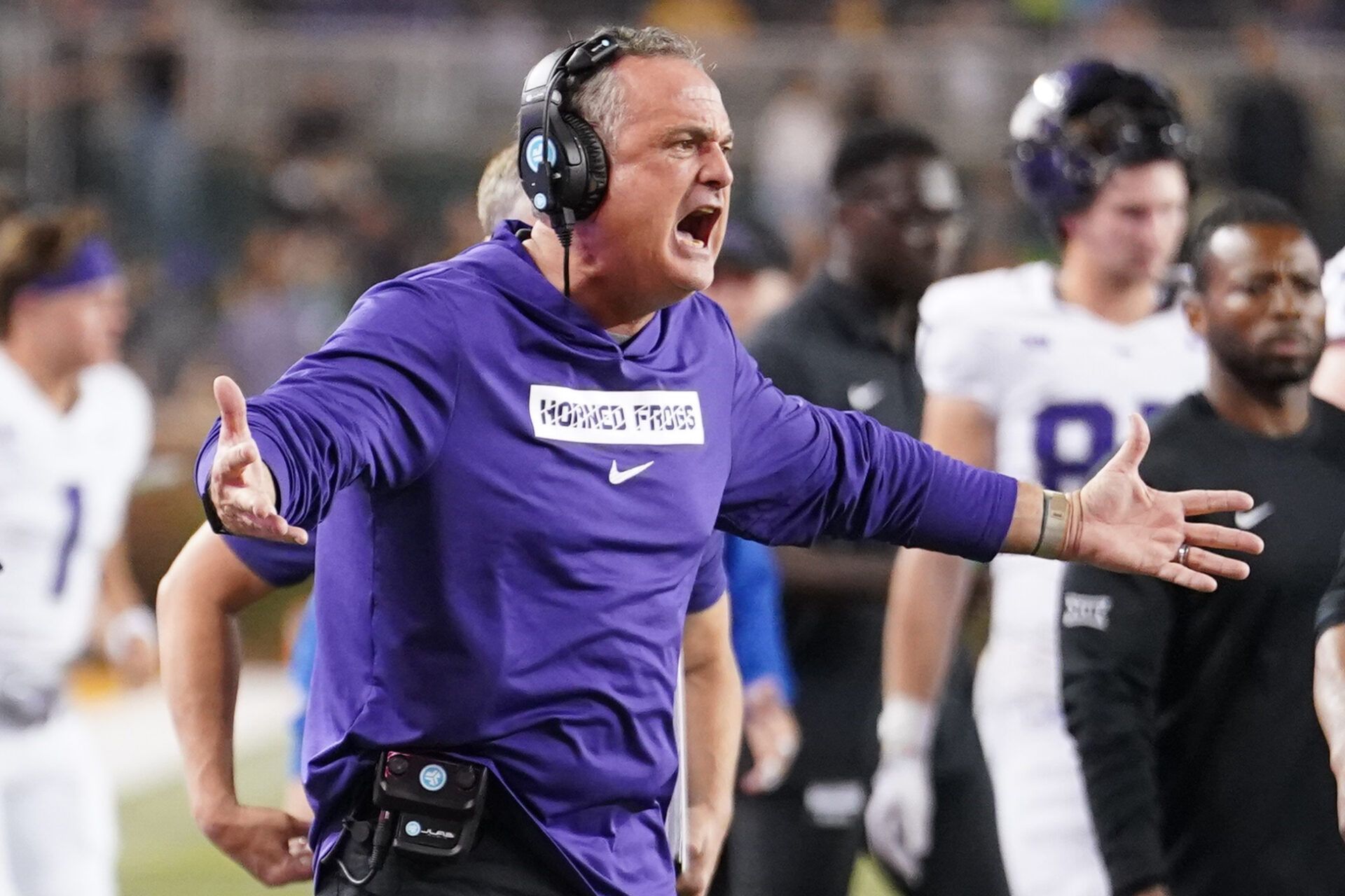TCU Horned Frogs head coach Sonny Dykes reacts to a call against the Baylor Bears during the first half at McLane Stadium.