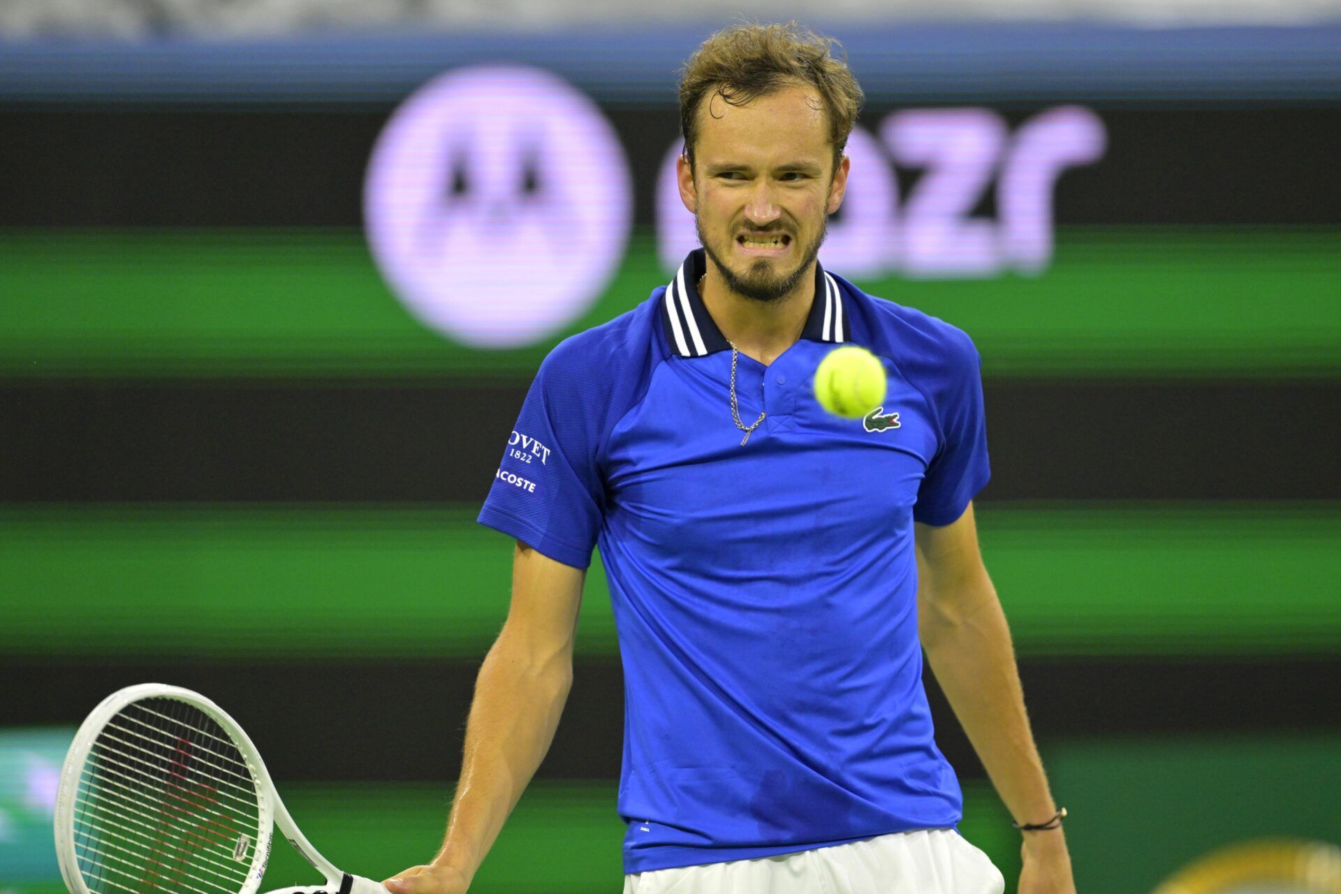 Daniil Medvedev (RUS) reacts after winning a point as he defeated Tommy Paul (USA) in the semi-final match in the BNP Paribas Open at the Indian Wells Tennis Garden.