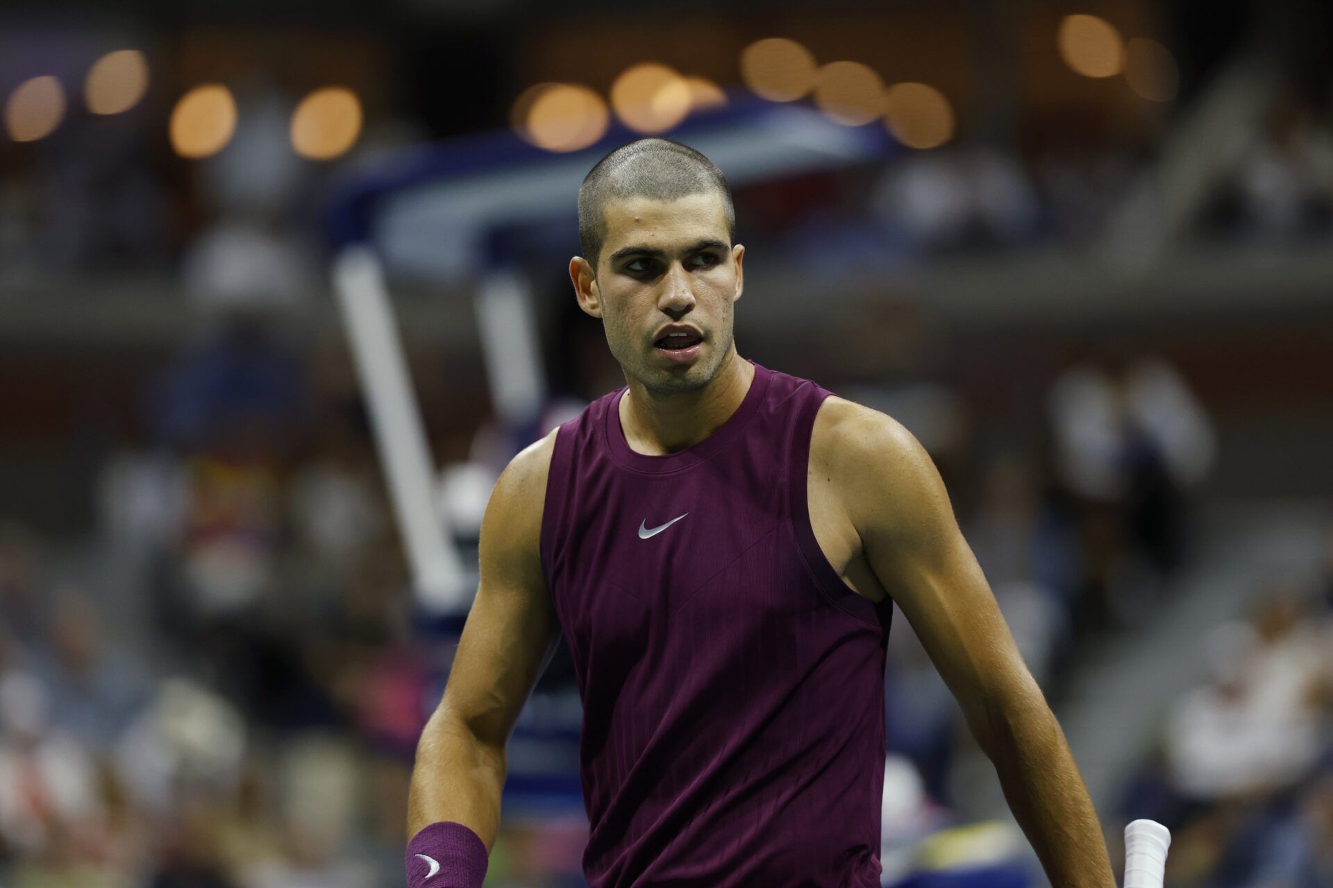 Carlos Alcaraz (ESP) looks on from the court against Reilly Opelka (USA)(not pictured) on day two of the 2025 U.S. Open tennis tournament at the USTA Billie Jean King National Tennis Center.