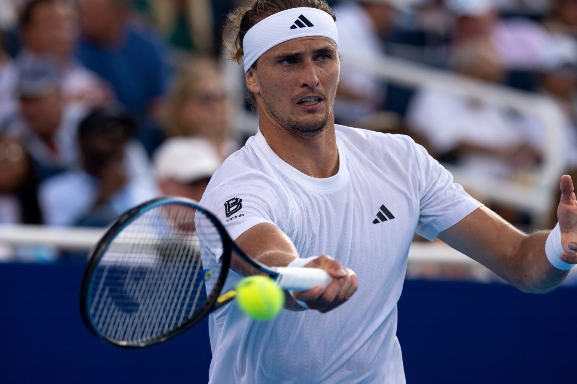 Alexander Zverev, of Germany, returns to Carlos Alcaraz, of Spain, during the Cincinnati Open in Mason on Aug. 16, 2025.