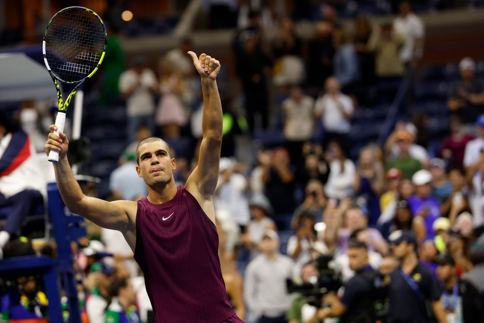 Carlos Alcaraz (ESP)  salutes the crowd after his match against Reilly Opelka (USA)(not pictured) on day two of the 2025 US Open tennis tournament at USTA Billie Jean King National Tennis Center.