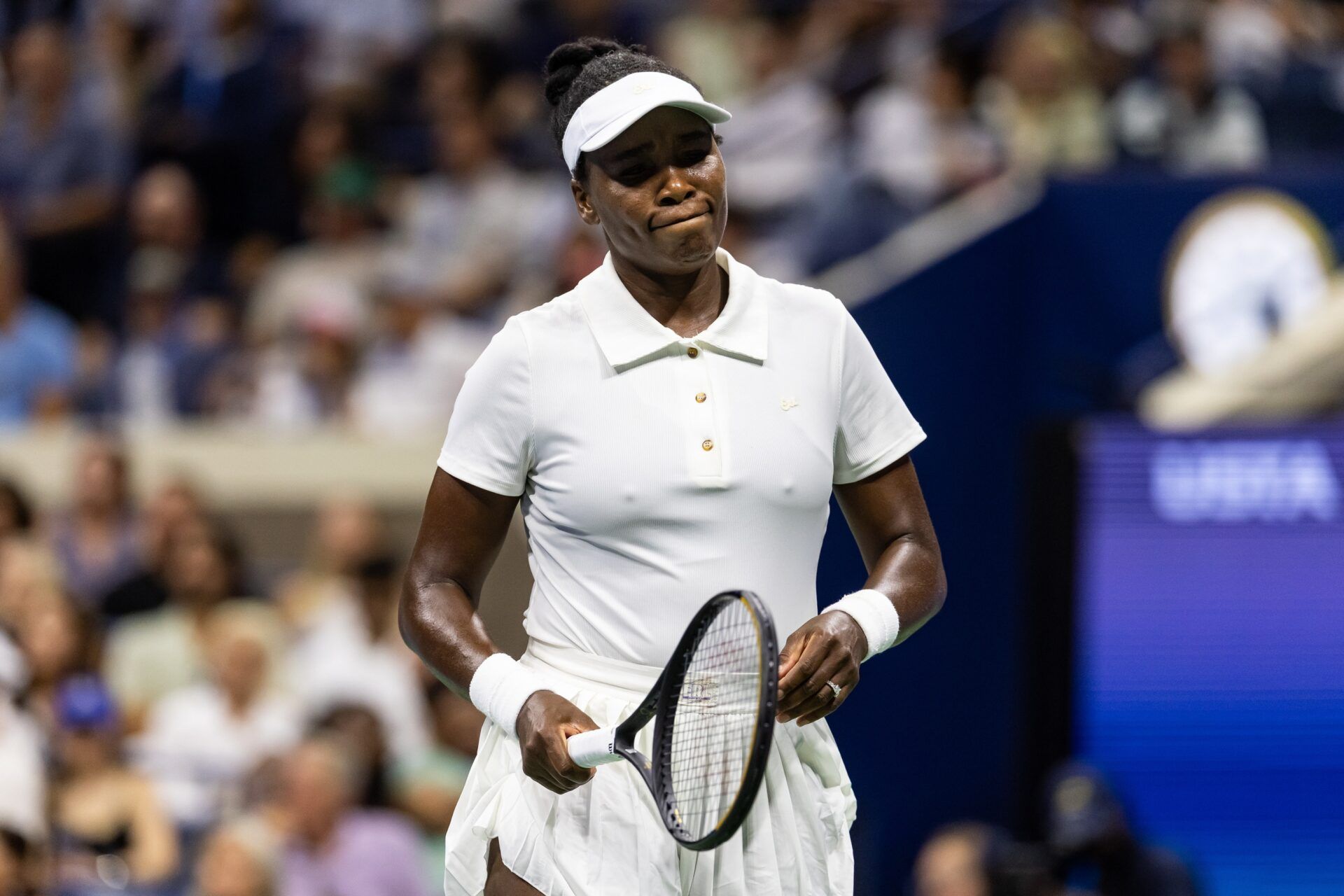 Venus Williams of the United States in action against Karolina Muchova of Czech Republic in the first round of the women’s singles at the US Open at Arthur Ashes Stadium in Billie Jean King National Tennis Centre.