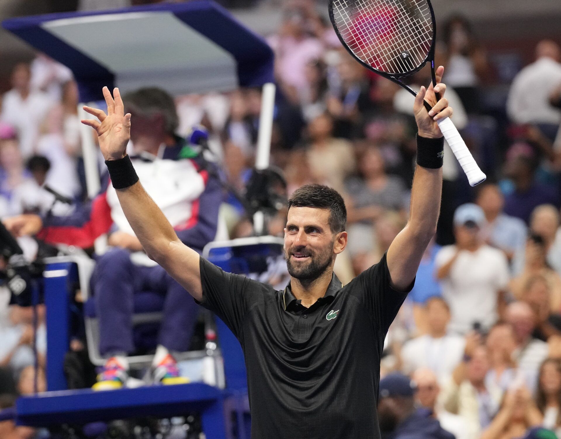 Novak Djokovic (SRB) after beating Learner Tien (USA) on day one of the 2025 U.S. Open tennis tournament at the USTA Billie Jean King National Tennis Center.