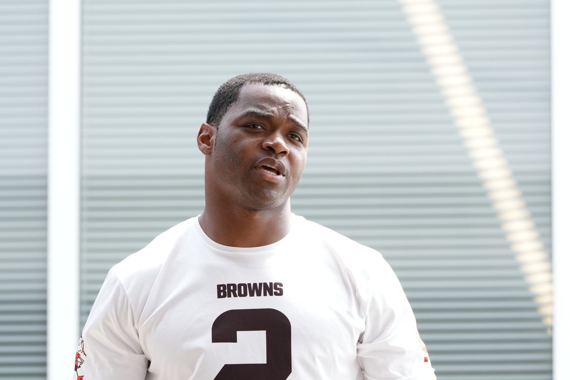 Aug 5, 2024; Cleveland Browns wide receiver Amari Cooper (2) is interviewed after the morning session at the Browns training facility in Berea, Ohio.