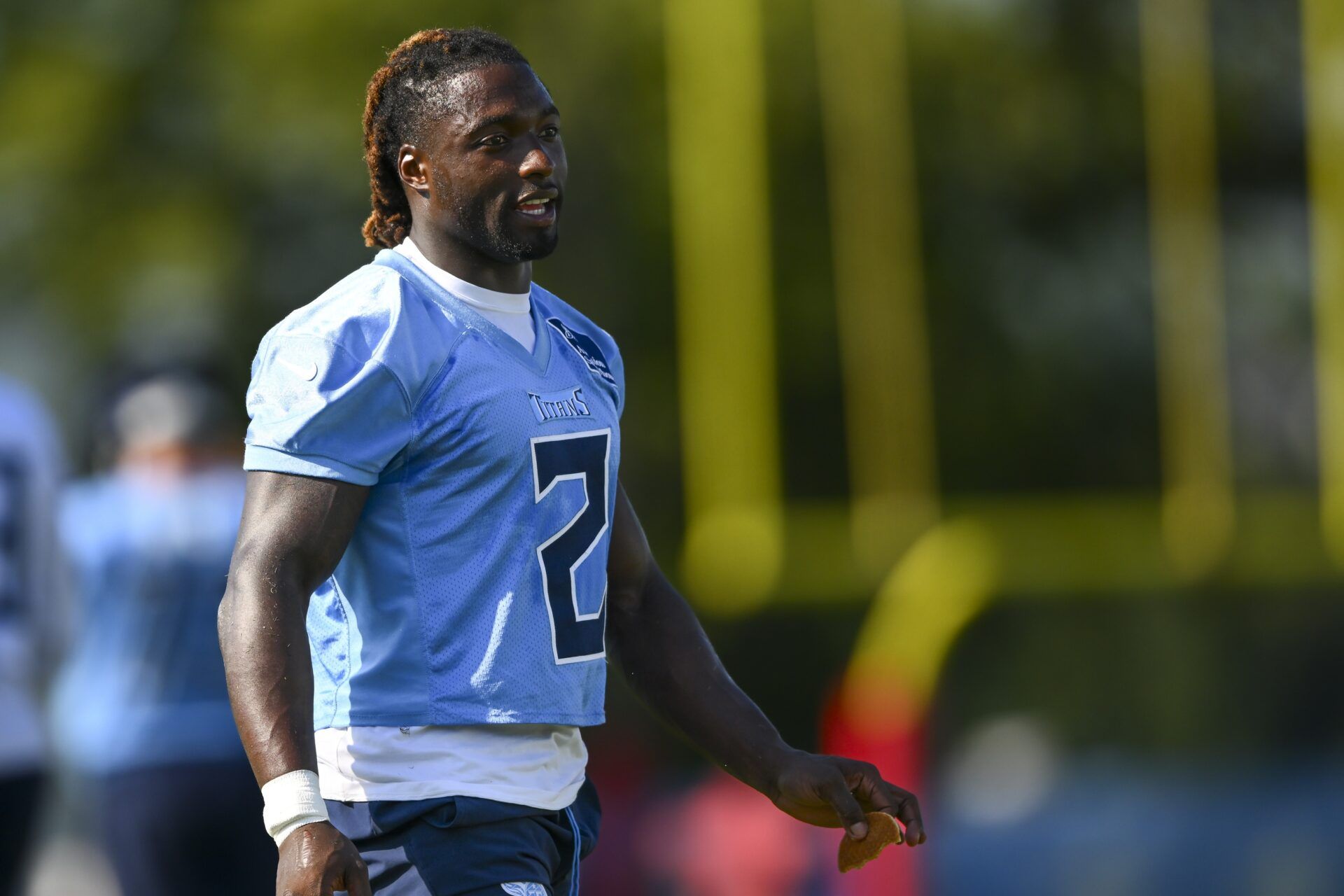 Tennessee Titans running back Tyjae Spears (2) talking during training camp at Ascension Saint Thomas Sports Park.