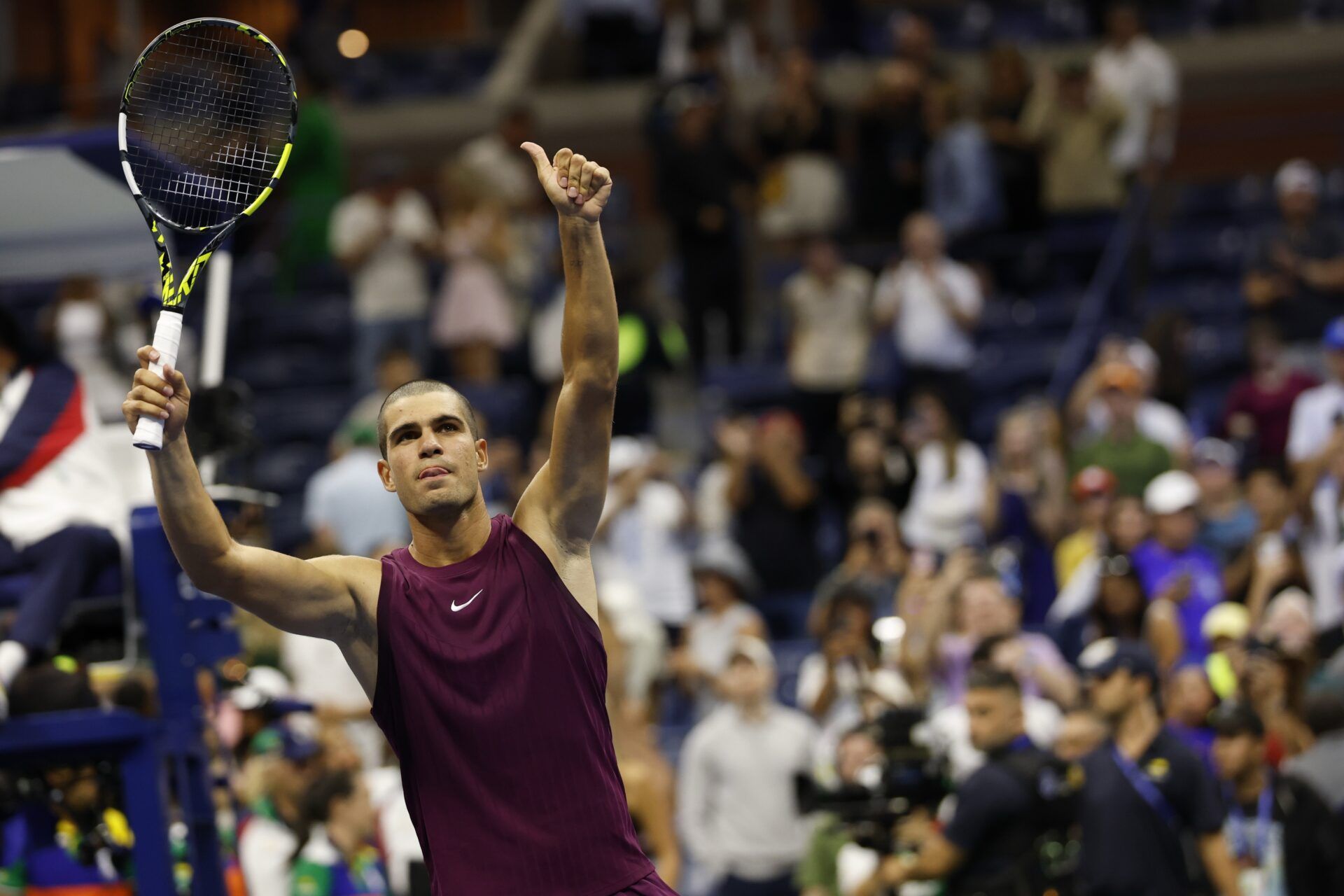 Carlos Alcaraz (ESP)  salutes the crowd after his match against Reilly Opelka (USA)(not pictured) on day two of the 2025 US Open tennis tournament at USTA Billie Jean King National Tennis Center.