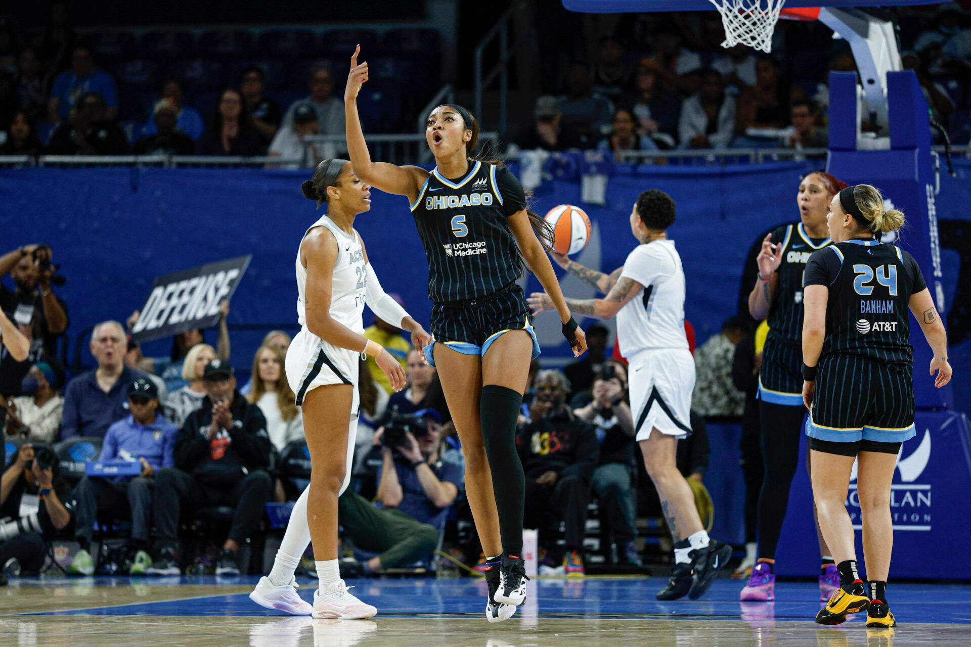 Chicago Sky forward Angel Reese (5) reacts during the first half at Wintrust Arena.