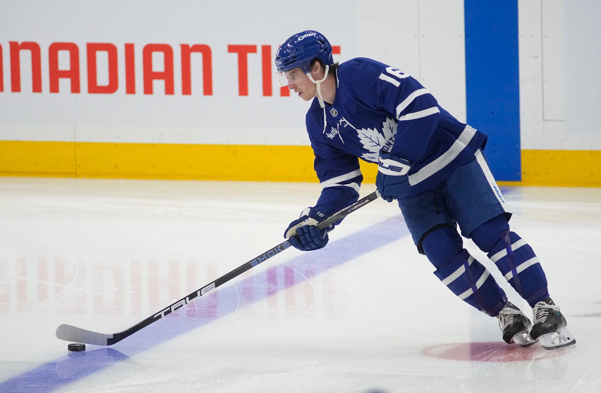 Toronto Maple Leafs forward Mitch Marner (16) skates with the puck before game one of the second round of the 2025 Stanley Cup Playoffs against the Florida Panthers at Scotiabank Arena.