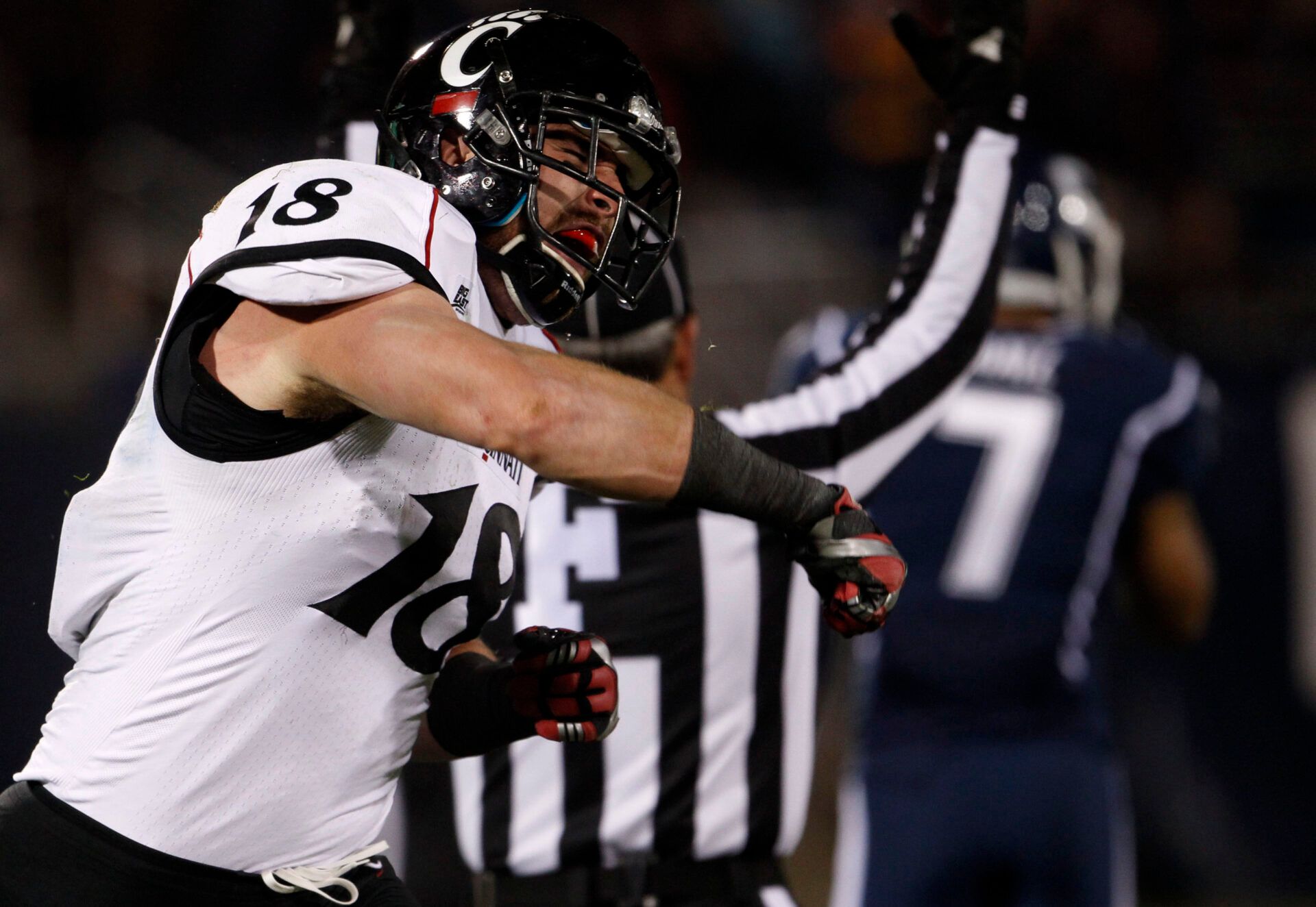 Cincinnati Bearcats tight end Travis Kelce (18) celebrates his touchdown against the Connecticut Huskies during the second half at Rentschler Field. The Bearcats defeated UConn, 34-17.