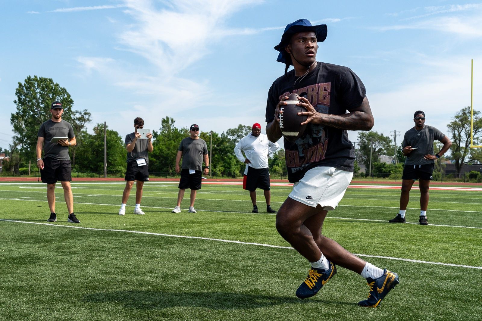 Bryce Underwood, 17, a freshman quarterback at Michigan and the nation’s No. 1 recruit in the 2025 class, participates in football drill during a private workout in Detroit on Saturday, June 21, 2025.