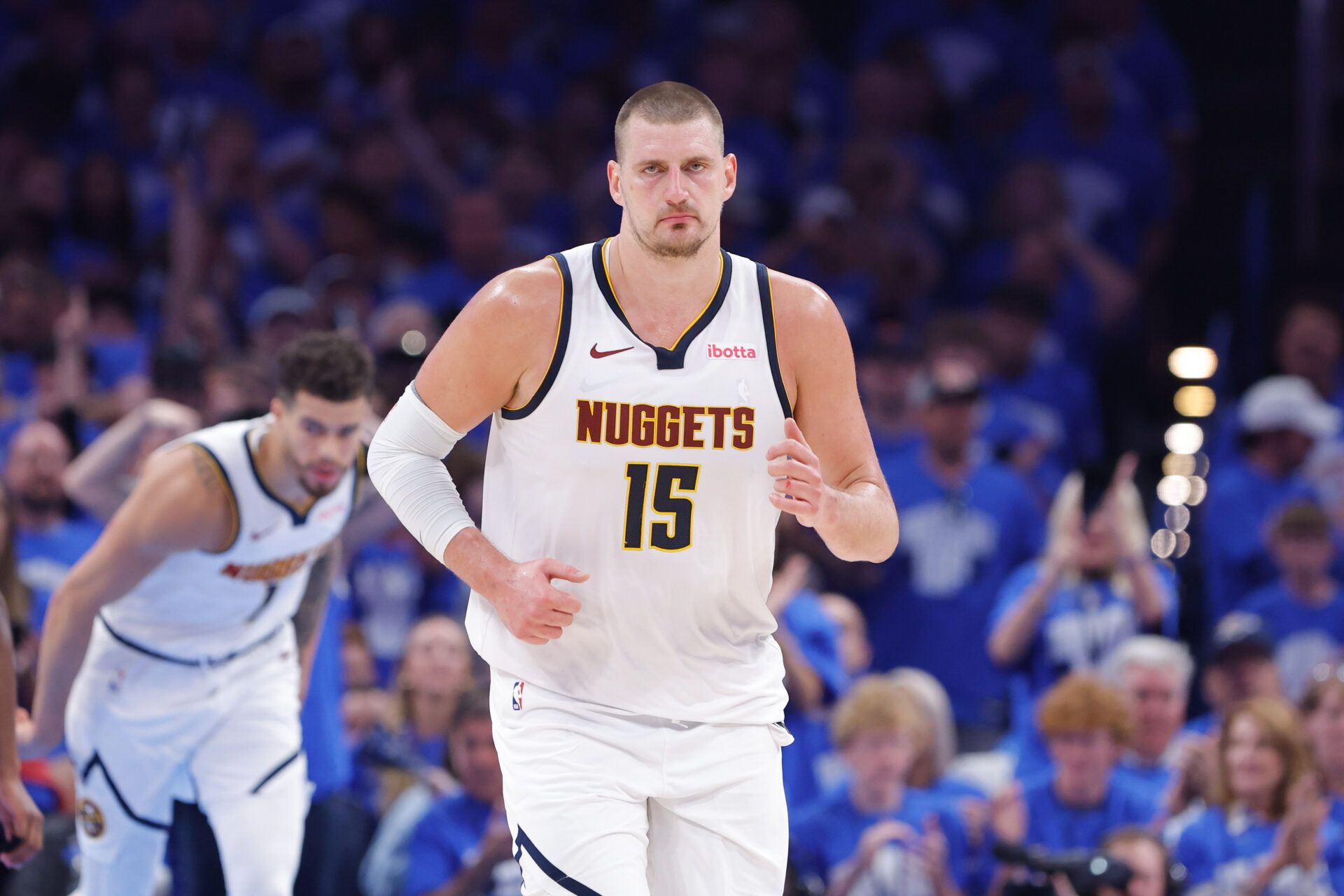 Denver Nuggets center Nikola Jokic (15) runs down the court against the Oklahoma City Thunder in the second quarter during game seven of the second round for the 2025 NBA Playoffs at Paycom Center.