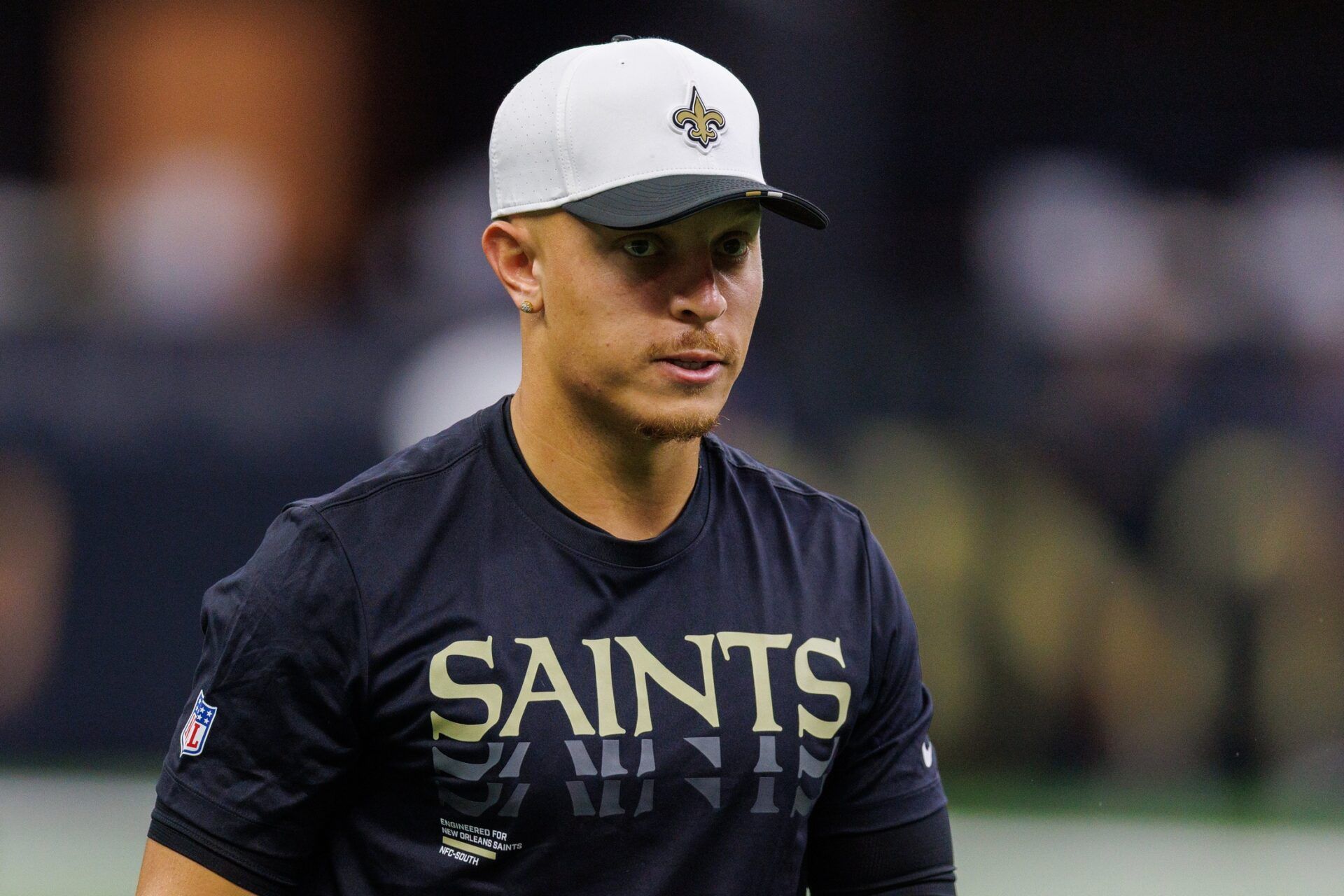 New Orleans Saints quarterback Spencer Rattler (2) looks on during warmups at Caesars Superdome.