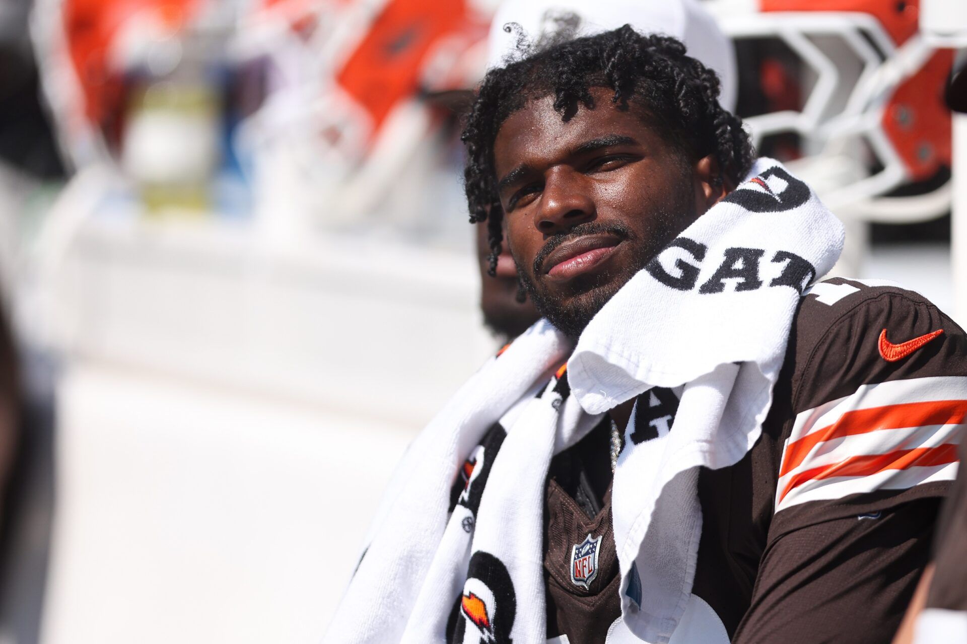 Cleveland Browns quarterback Shedeur Sanders looks on during the third quarter against the Philadelphia Eagles at Lincoln Financial Field.