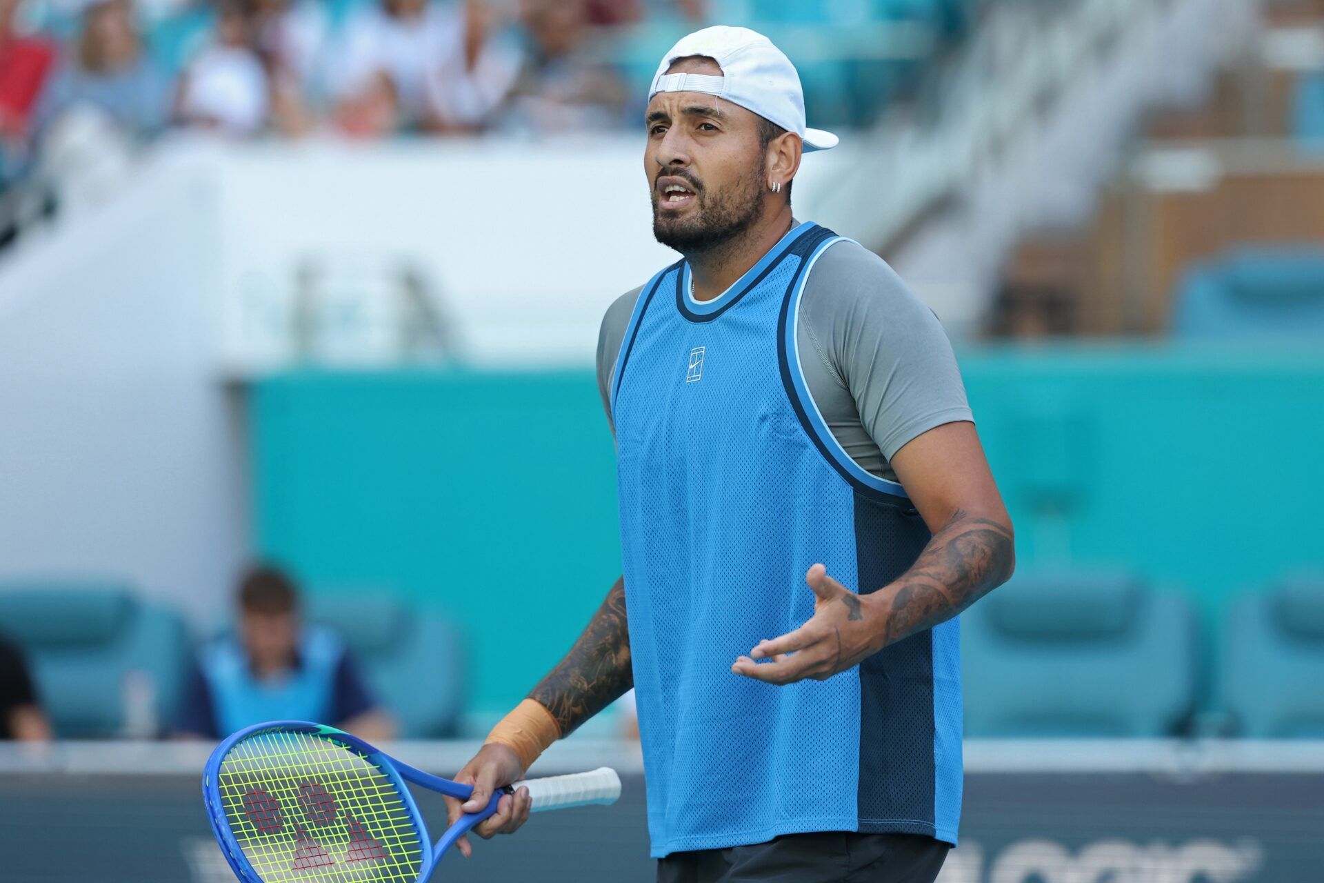 Nick Kyrgios (AUS) reacts towards his player's box after losing a point against Mackenzie McDonald (USA)(not pictured) on day two of the Miami Open at Hard Rock Stadium.