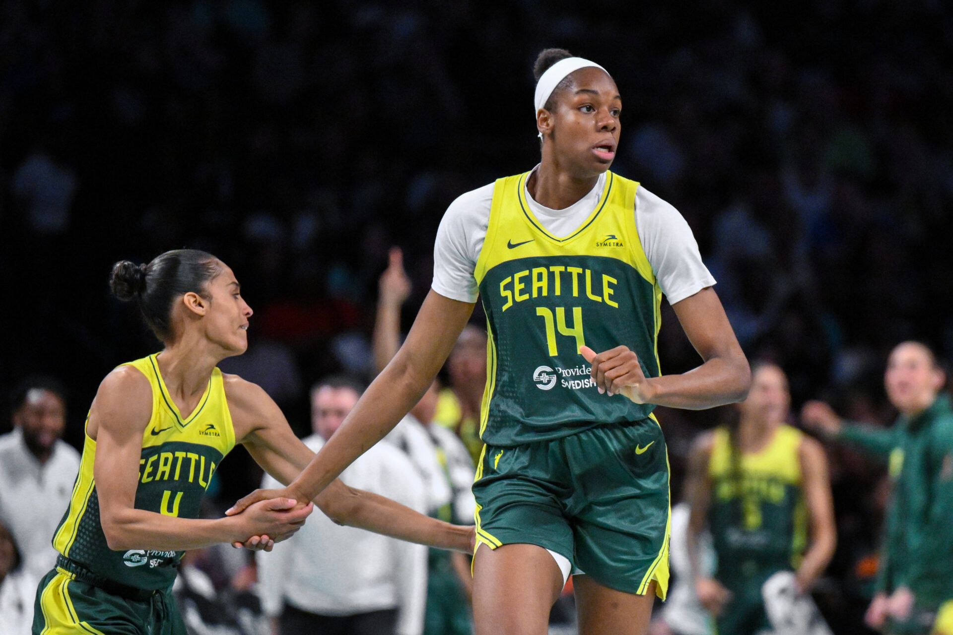 Seattle Storm guard Skylar Diggins (4) congratulates center Dominique Malonga (14) during the second half against the New York Liberty at Barclays Center.