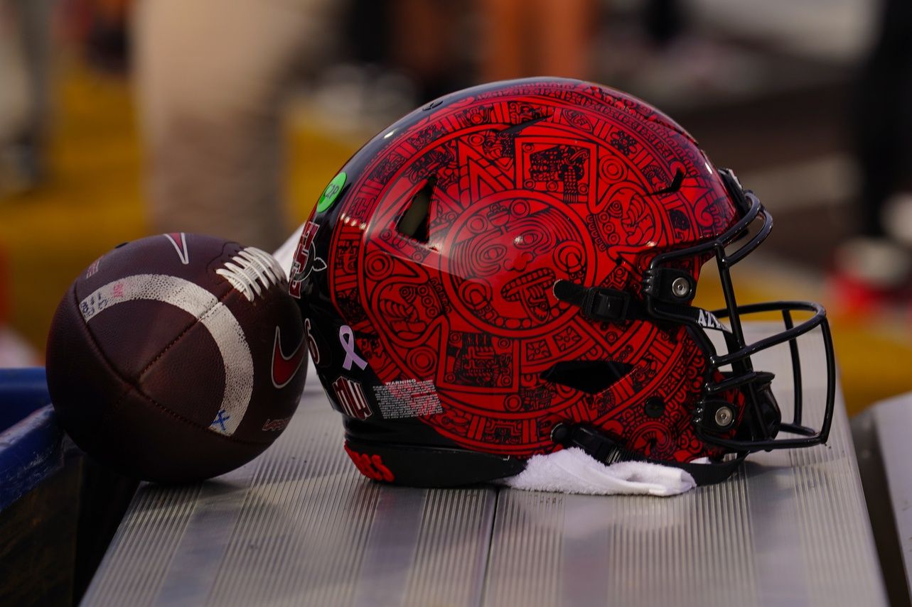 A general view of a San Diego State Aztecs helmet against the Wyoming Cowboys during the fourth quarter at Jonah Field at War Memorial Stadium.
