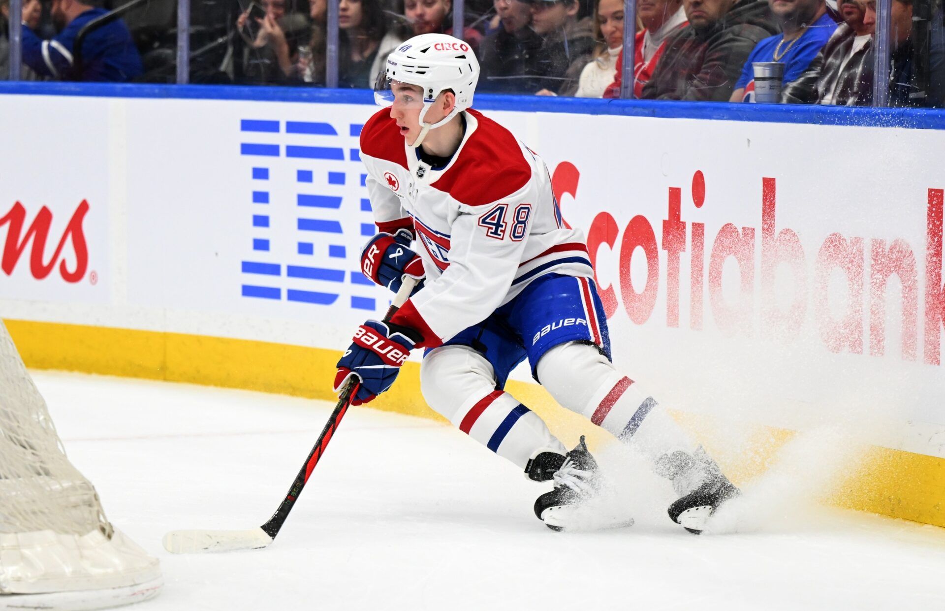 Montreal Canadiens defenseman Lane Hutson (48) turns behind his goal against the Toronto Maple Leafs in the first period at Scotiabank Arena.